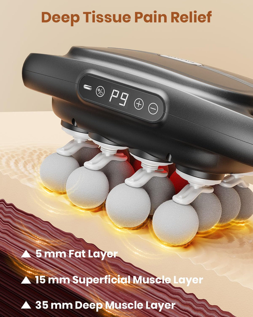 EURPMASK massage gun control panel displays nine modes and thirty-two intensities.
