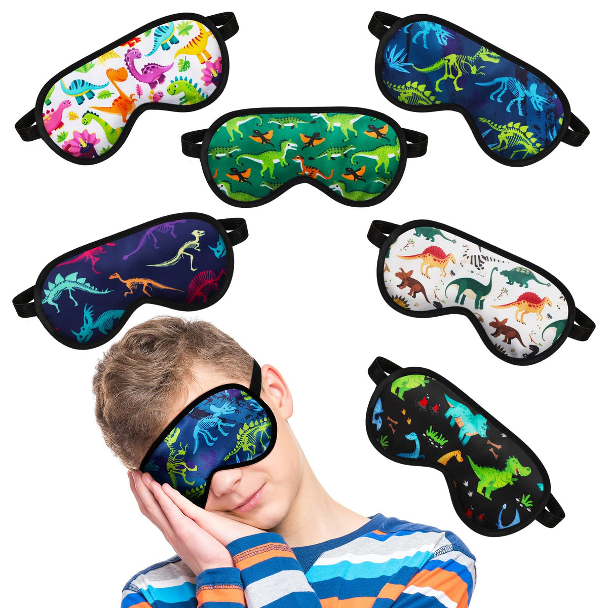 Eurzom shark-dinosaur kids sleep mask set front view, soft satin for comfortable nighttime rest.