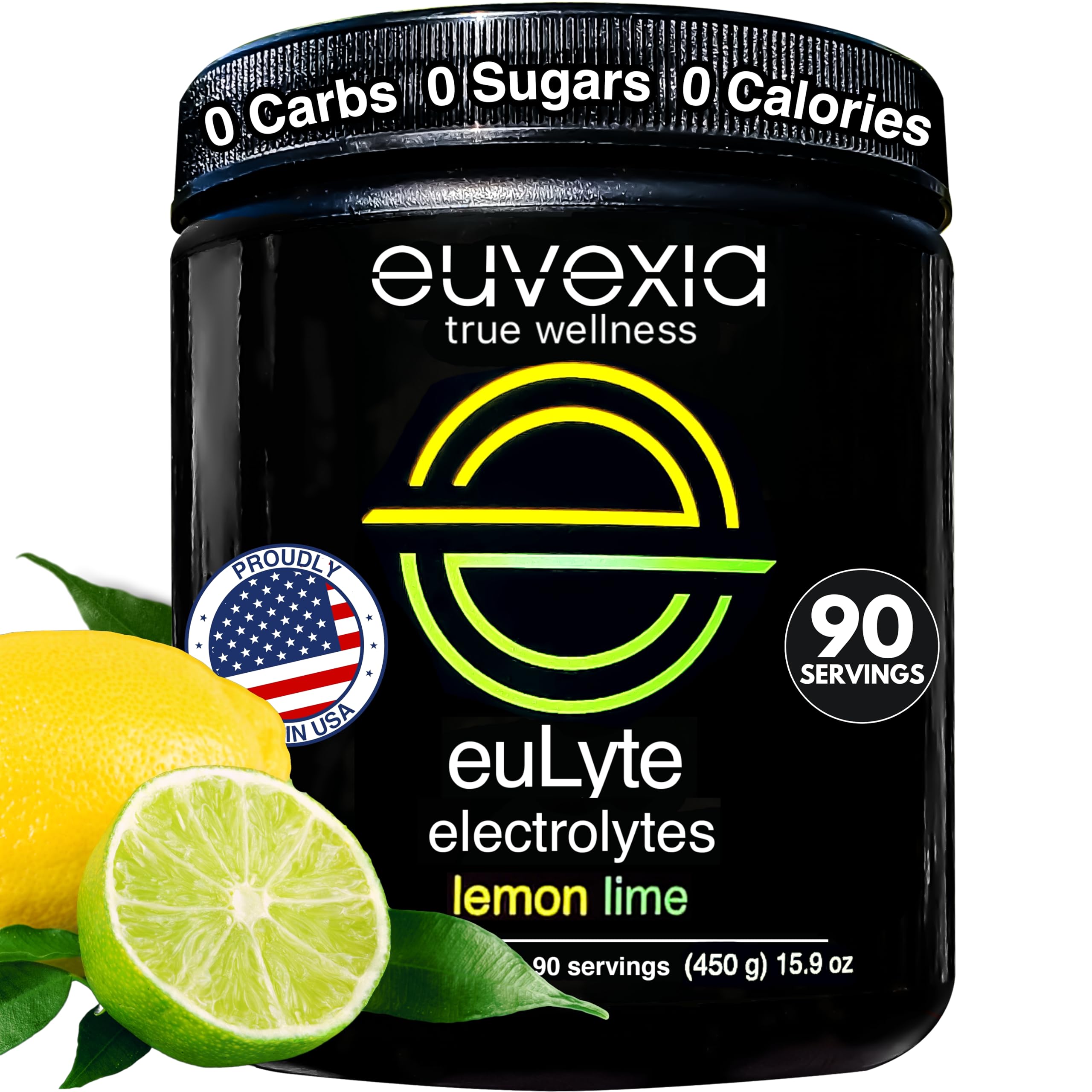 Euvexia euLyte lemon-lime bottle showing zero sugar hydration with 80+ minerals for on-the-go hydration