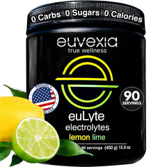 Euvexia euLyte lemon-lime bottle showing zero sugar hydration with 80+ minerals for on-the-go hydration