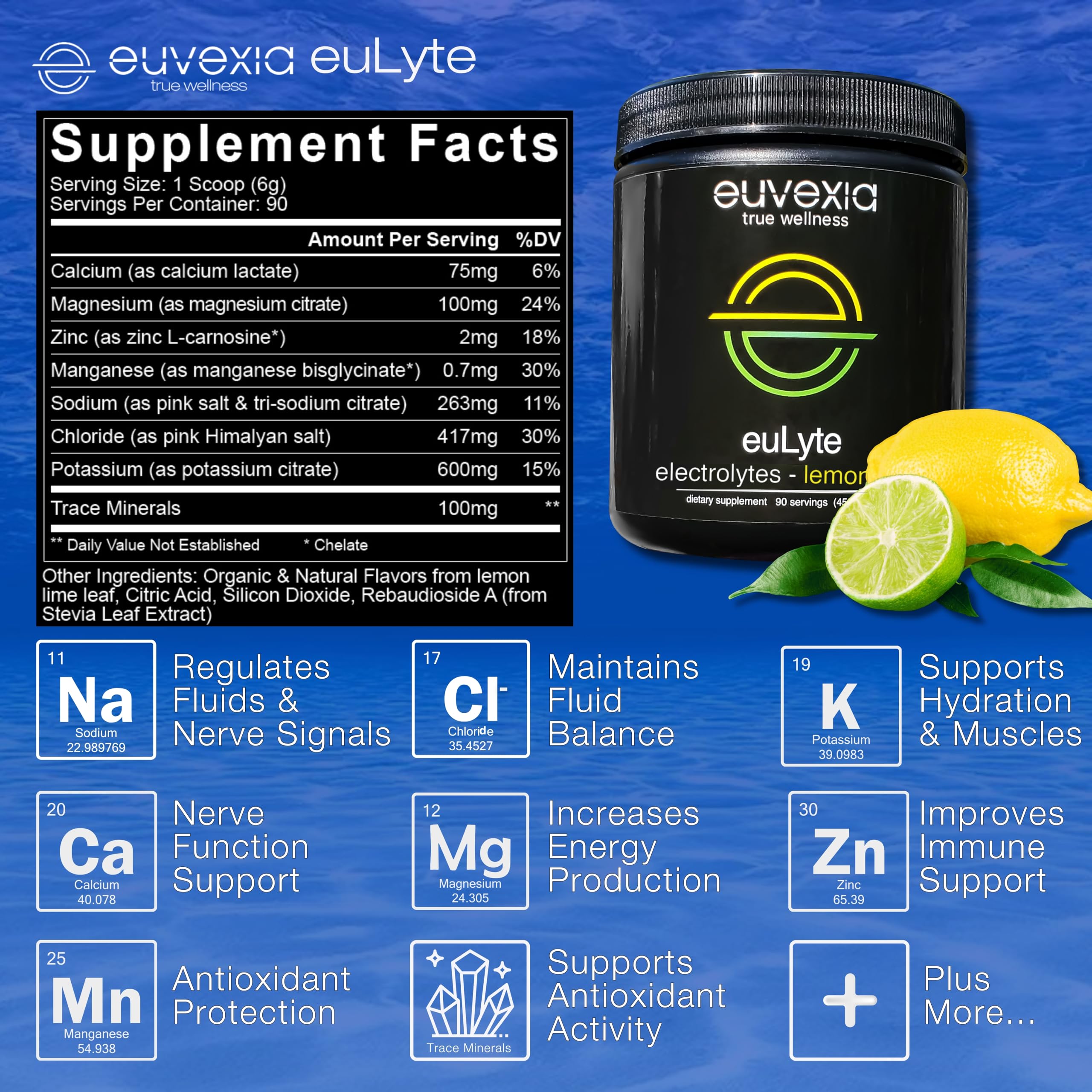 Euvexia euLyte lemon-lime scoop dissolving in water for quick electrolyte balance