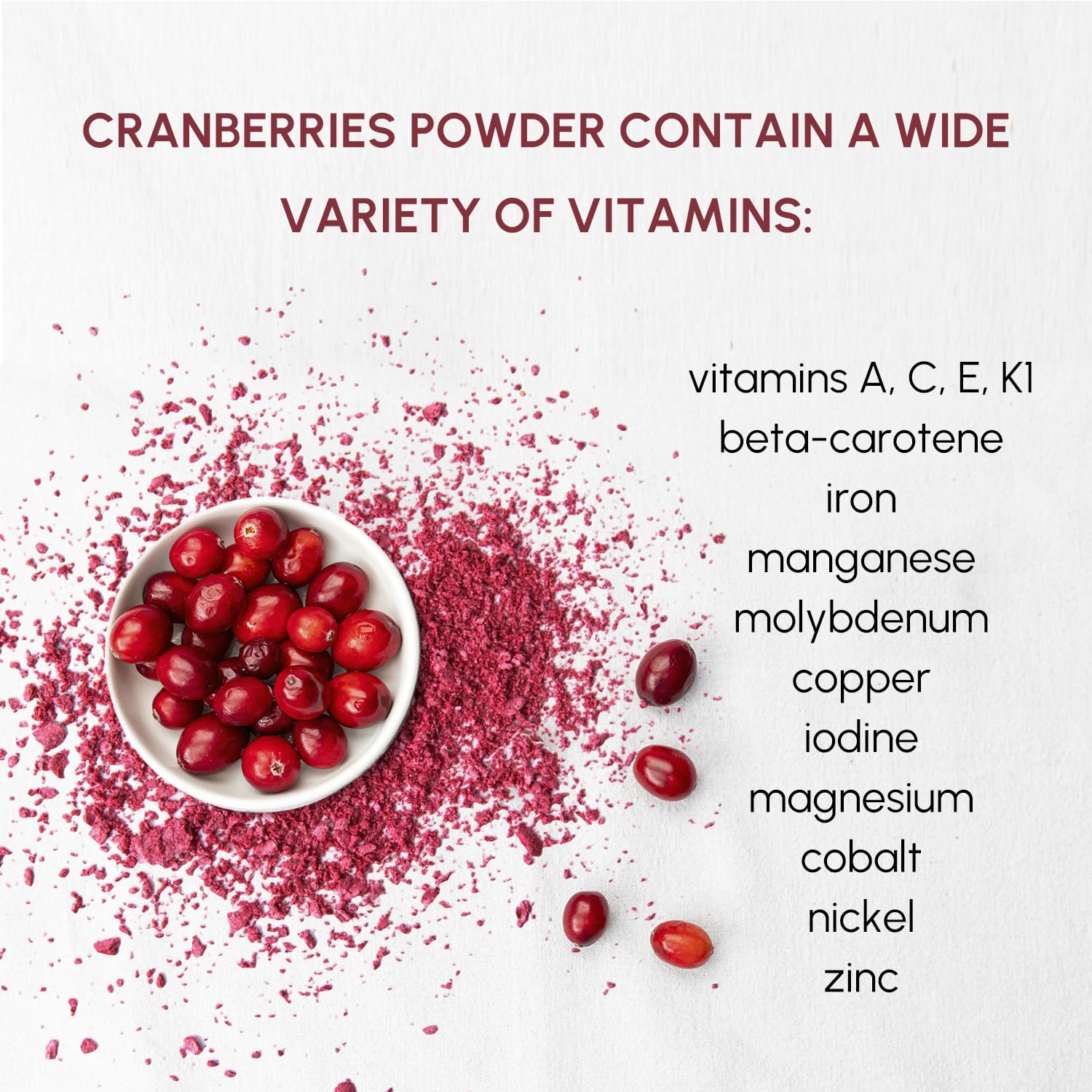 EVADY Cranberry Powder dusted over a dessert for color and texture