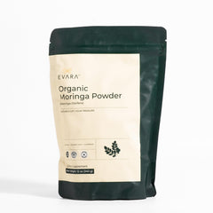 EVARA Moringa powder bottle displays premium organic leaves for daily wellness