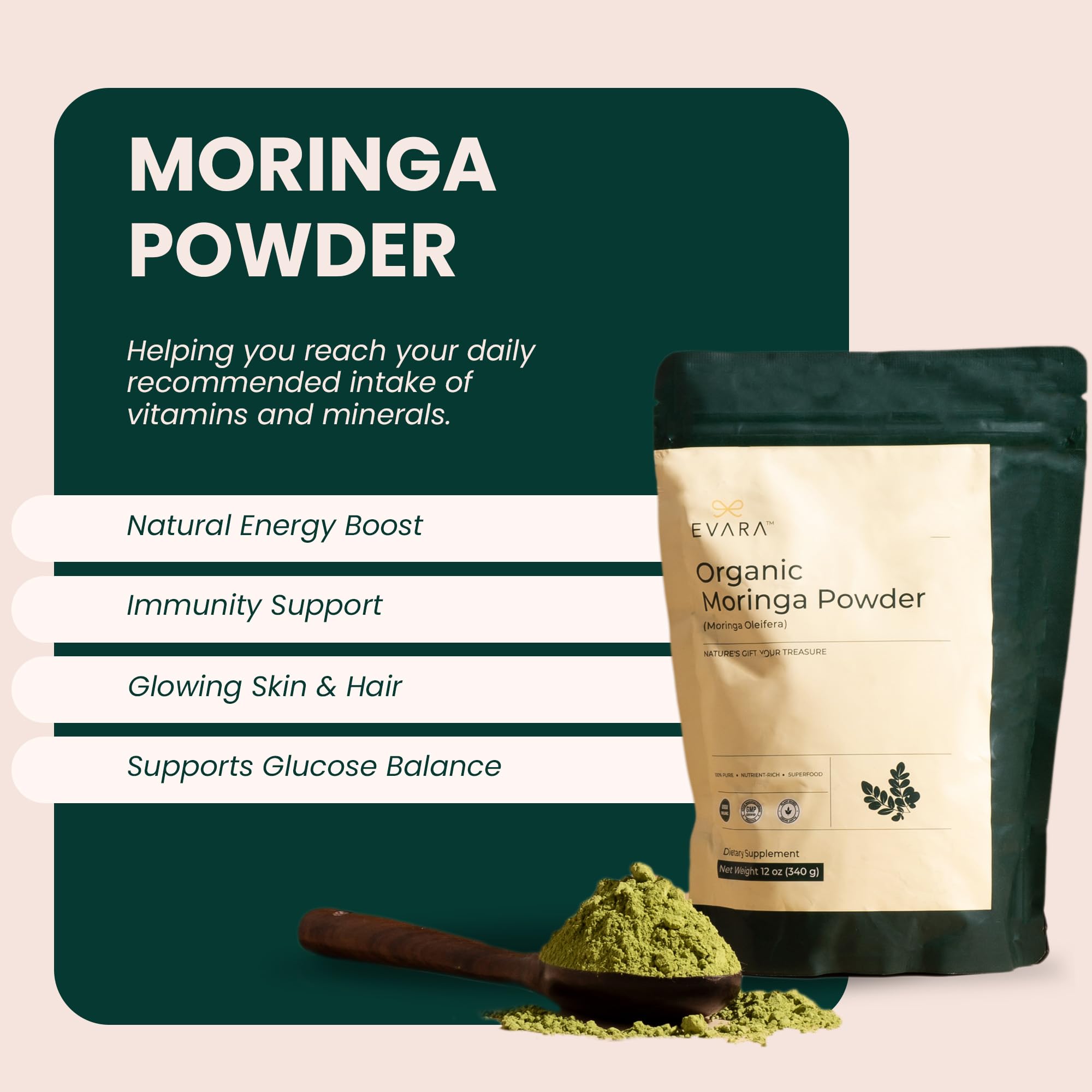 EVARA Moringa powder tea cup ready for soothing infusion
