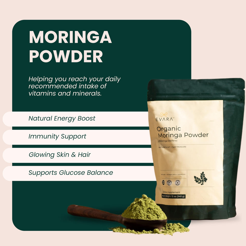 EVARA Moringa powder tea cup ready for soothing infusion