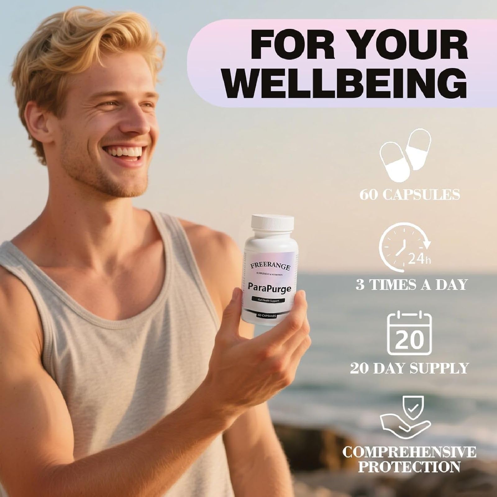 EVASANDO Parapurge gut cleanse shown in a healthy lifestyle setup.