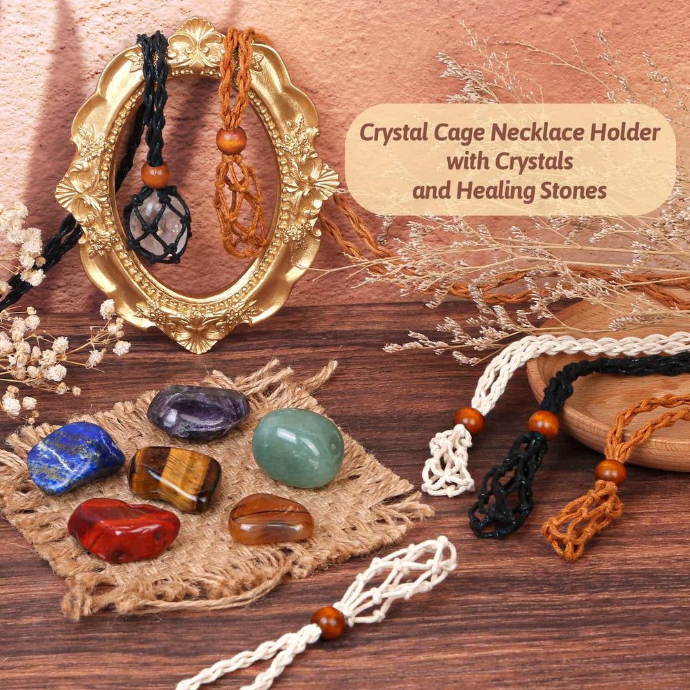 Evatage brown crystal cage necklace displays natural stone charm