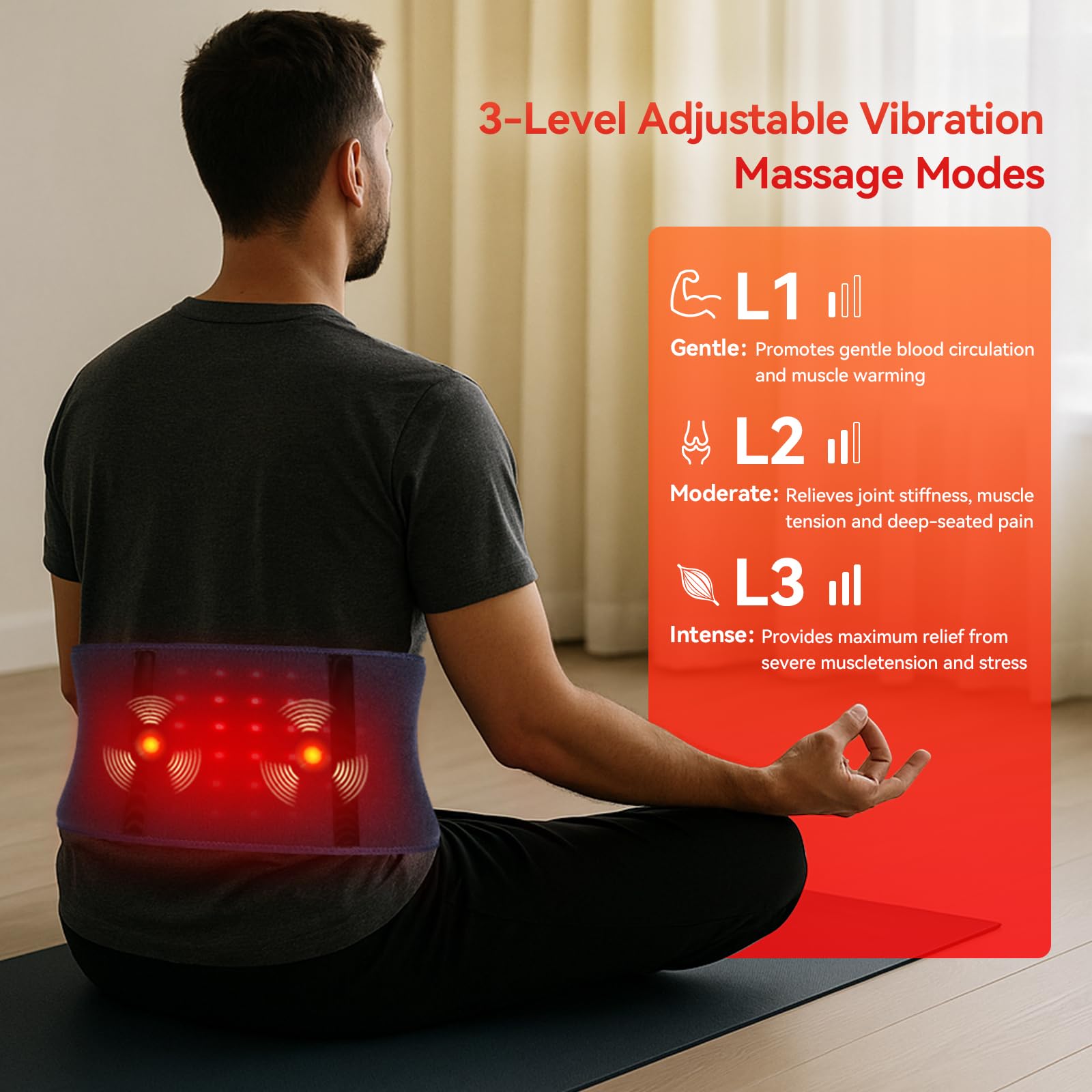 EVATEALE belt display shows light intensity and vibration options for customized comfort.