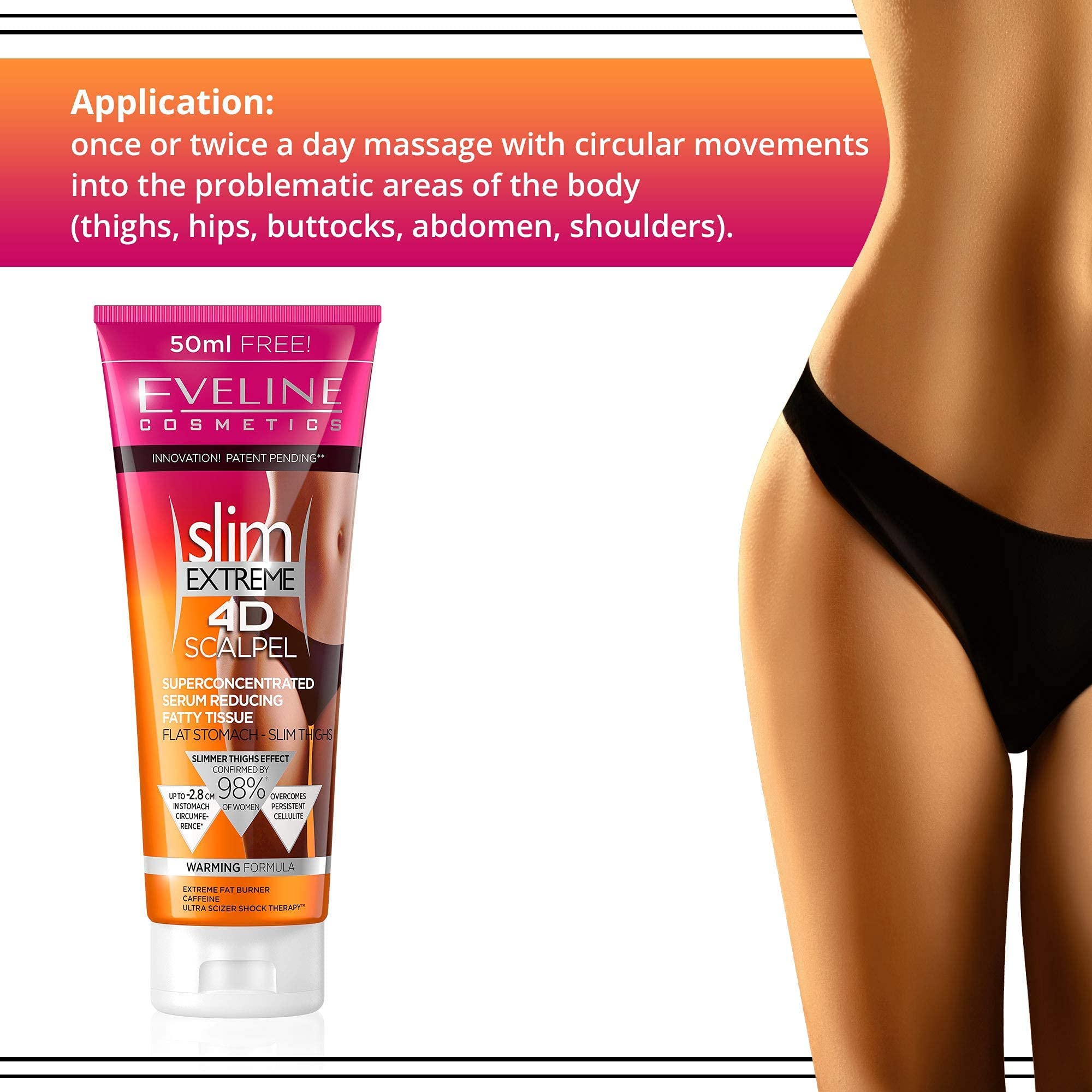 Eveline Cosmetics Slim Extreme 4D legs area demonstration highlights thigh focus for shaping