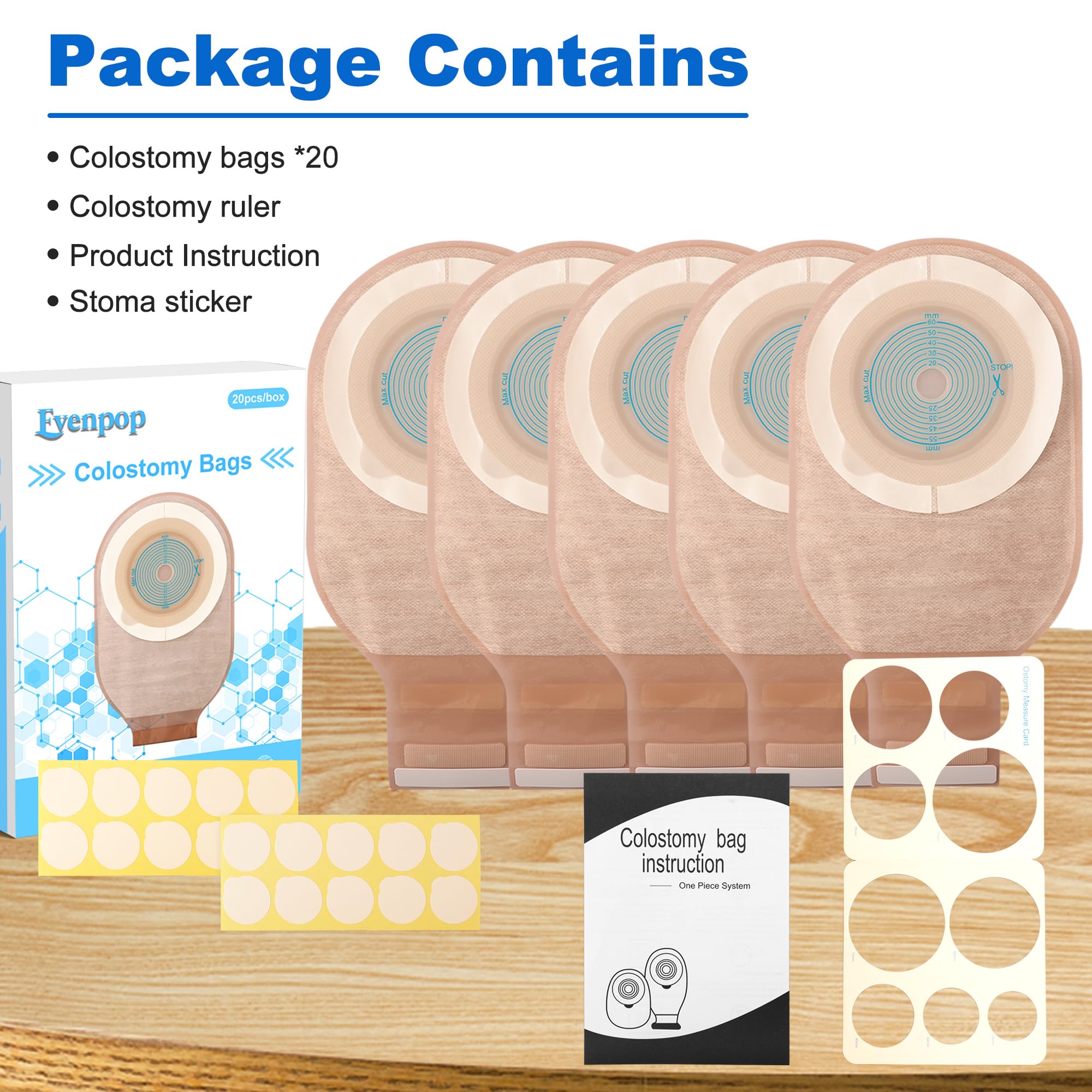Evenpop colostomy bag kit contents with tools and manual