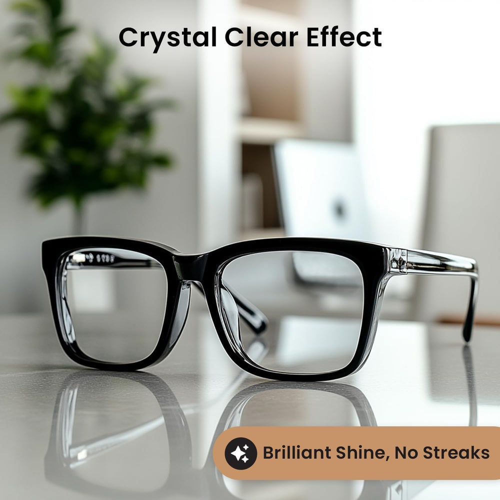 EVEO Glasses Cleaner Spray in action on a lens for streak-free results
