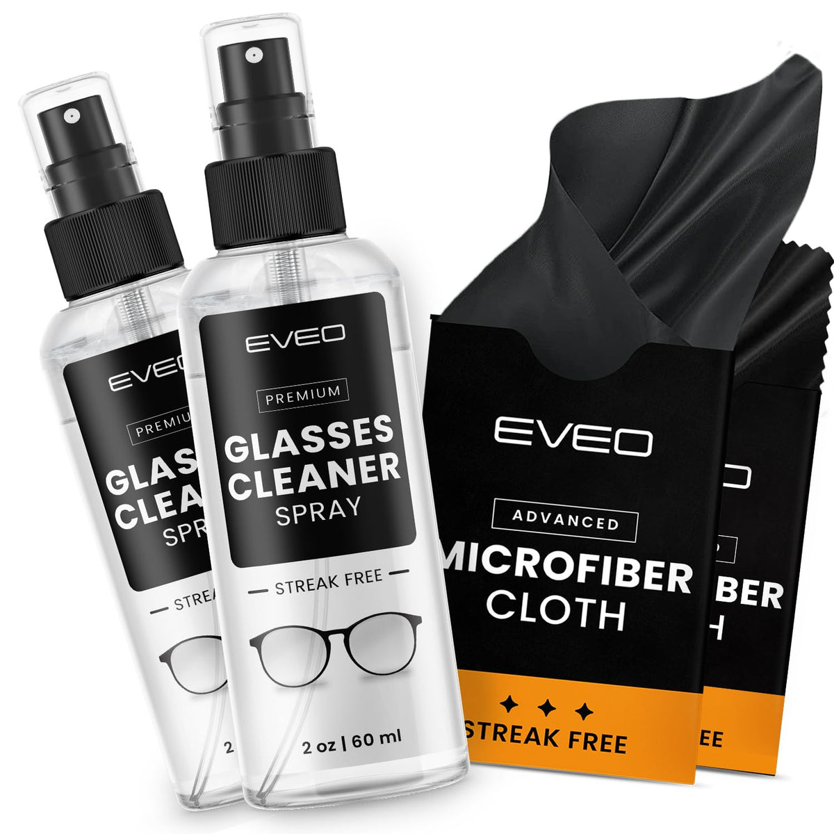 EVEO Glasses Cleaner Spray bottle provides streak-free lens cleaning.