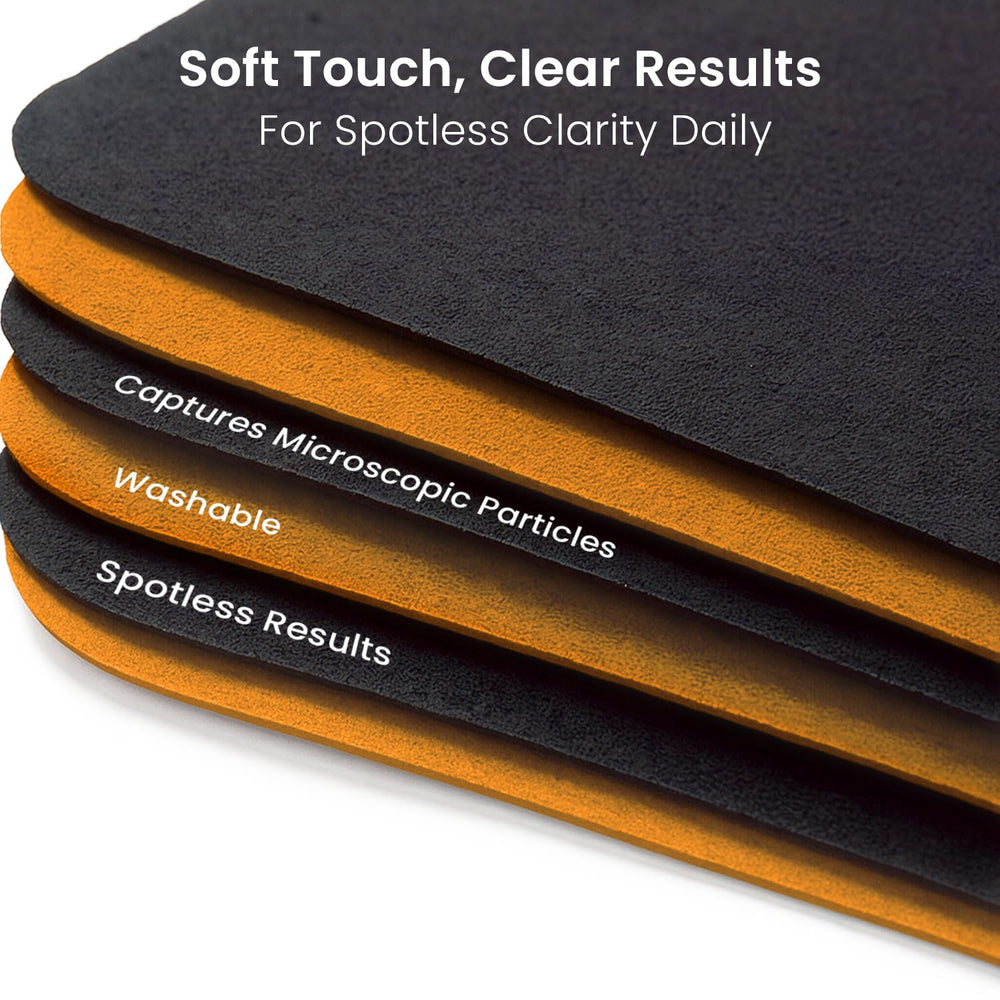 EVEO Screen Cleaner-compatible cloth on device illustrates dual-use screen and lens care.