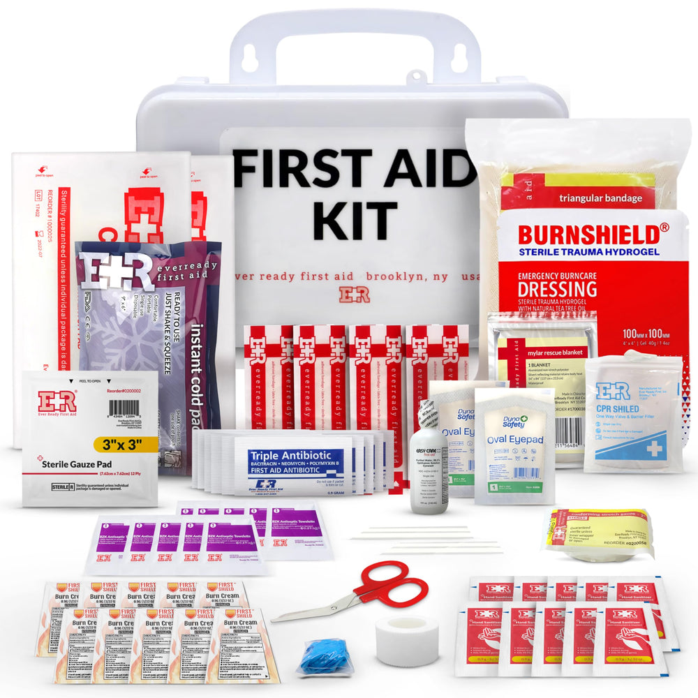 Ever Ready First Aid 10-Person Kit in a durable wall-mount case for quick access.