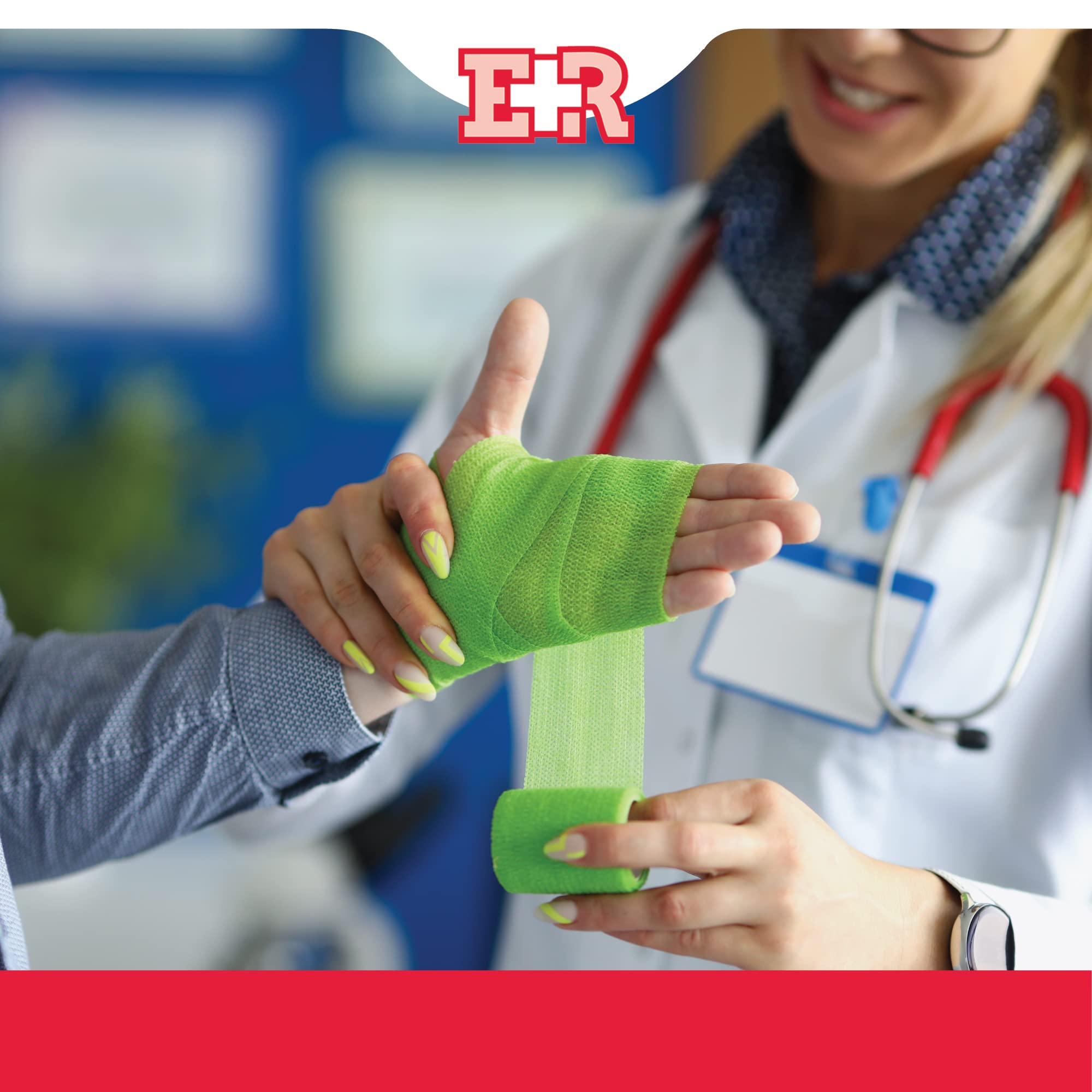 Ever Ready First Aid red self-adherent bandage provides reliable hold.