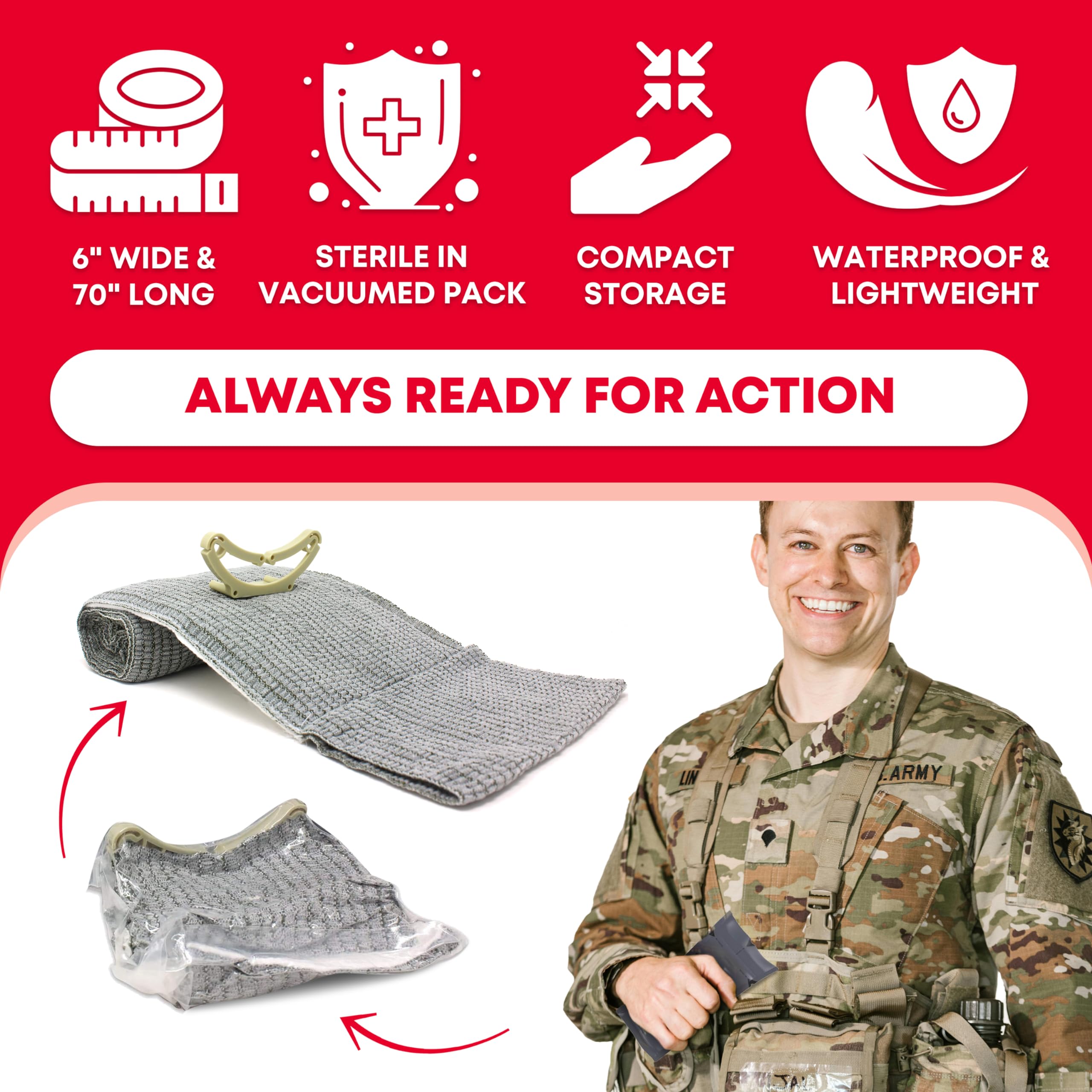 Ever Ready First Aid battle dressing shown in use for rapid wound coverage.