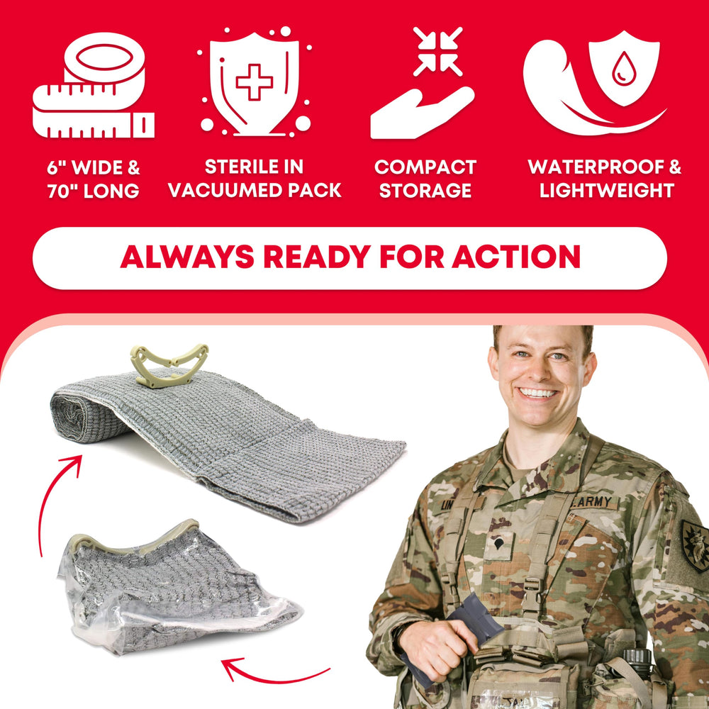 Ever Ready First Aid battle dressing shown in use for rapid wound coverage.