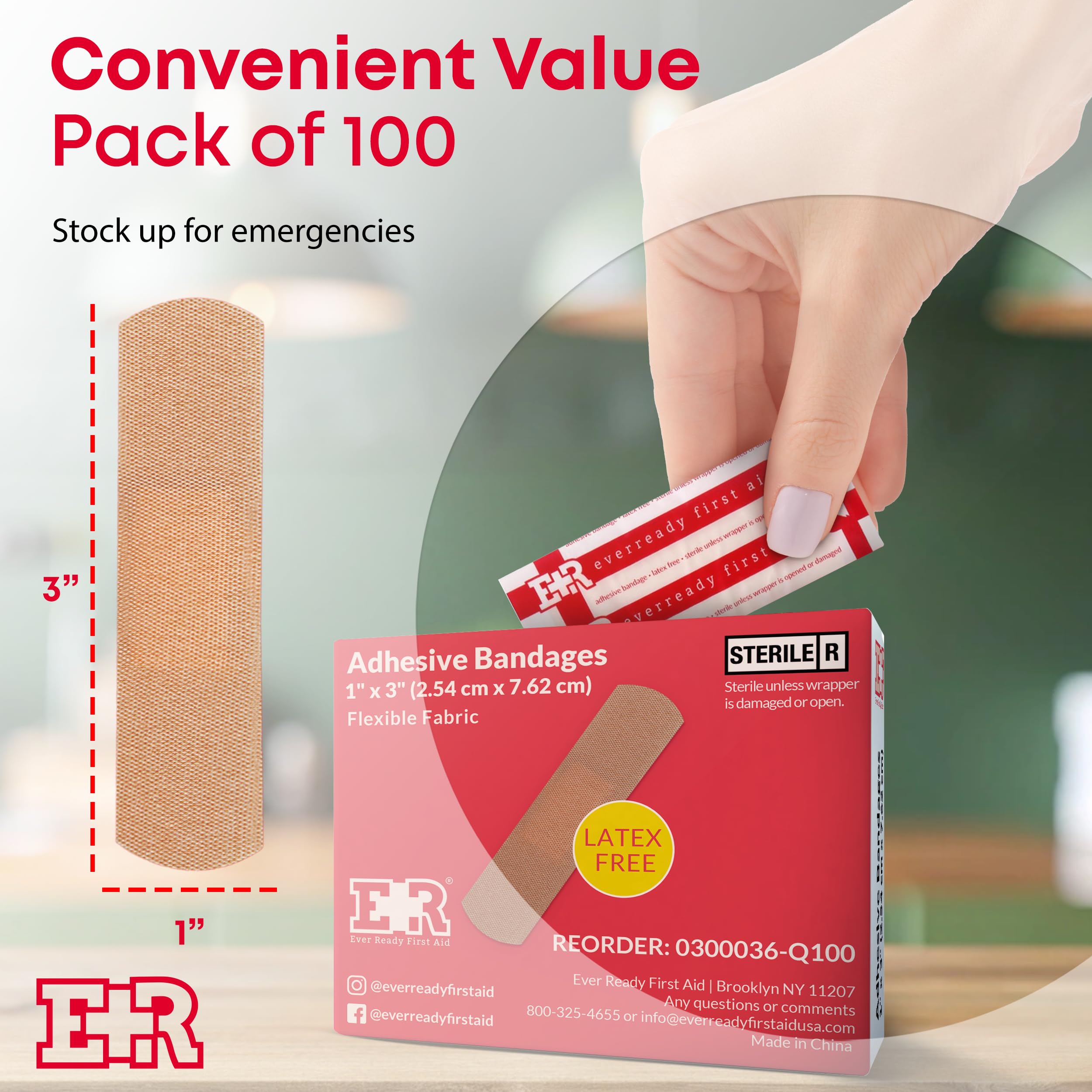 Box of 100 Ever Ready First Aid bandages for home and travel kits.