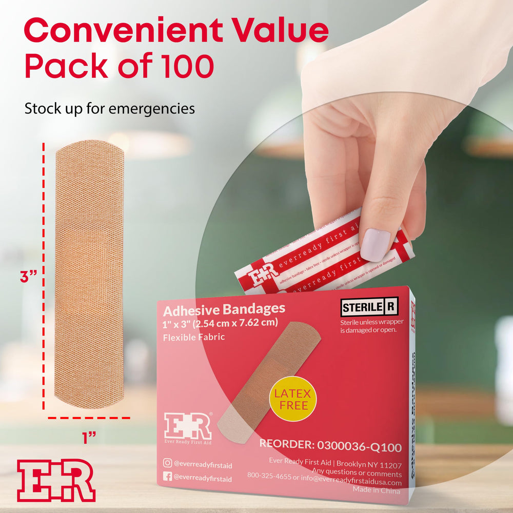 Box of 100 Ever Ready First Aid bandages for home and travel kits.