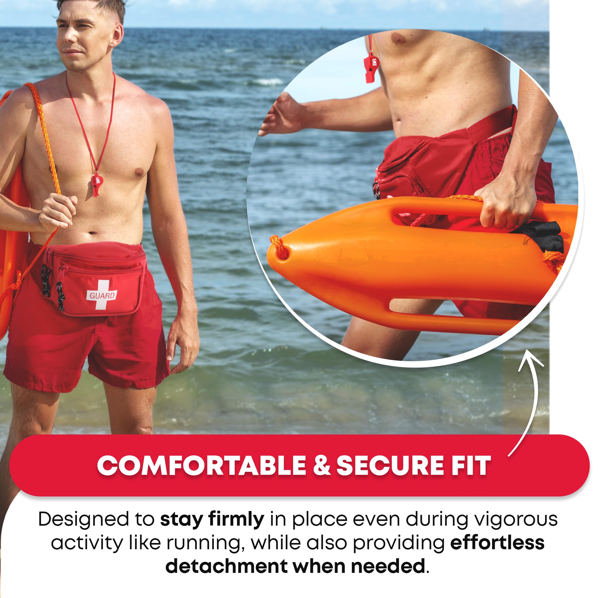 Ever Ready First Aid fanny pack includes a red whistle for signaling on the move