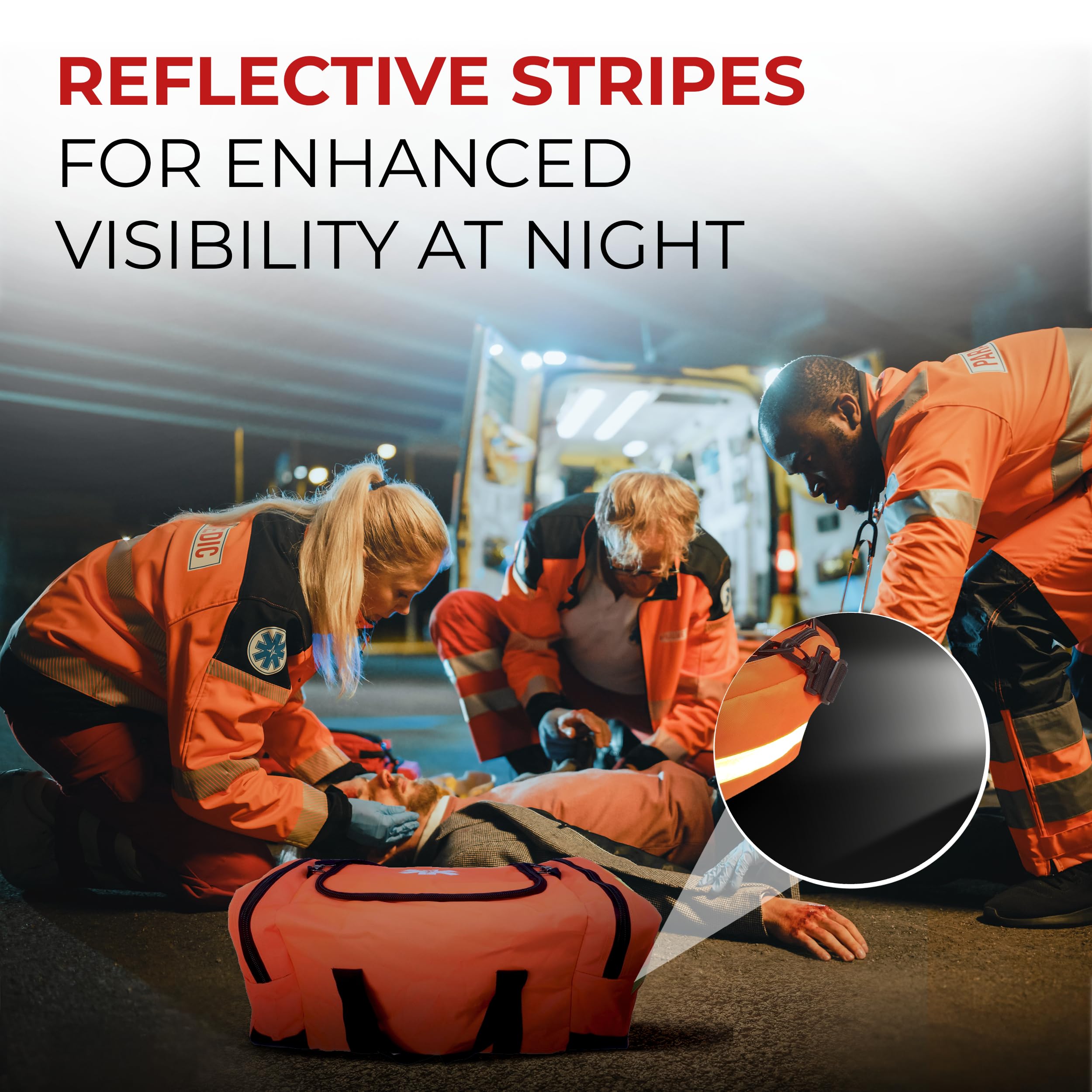 Detachable foam liners support organized storage within the large trauma bag.