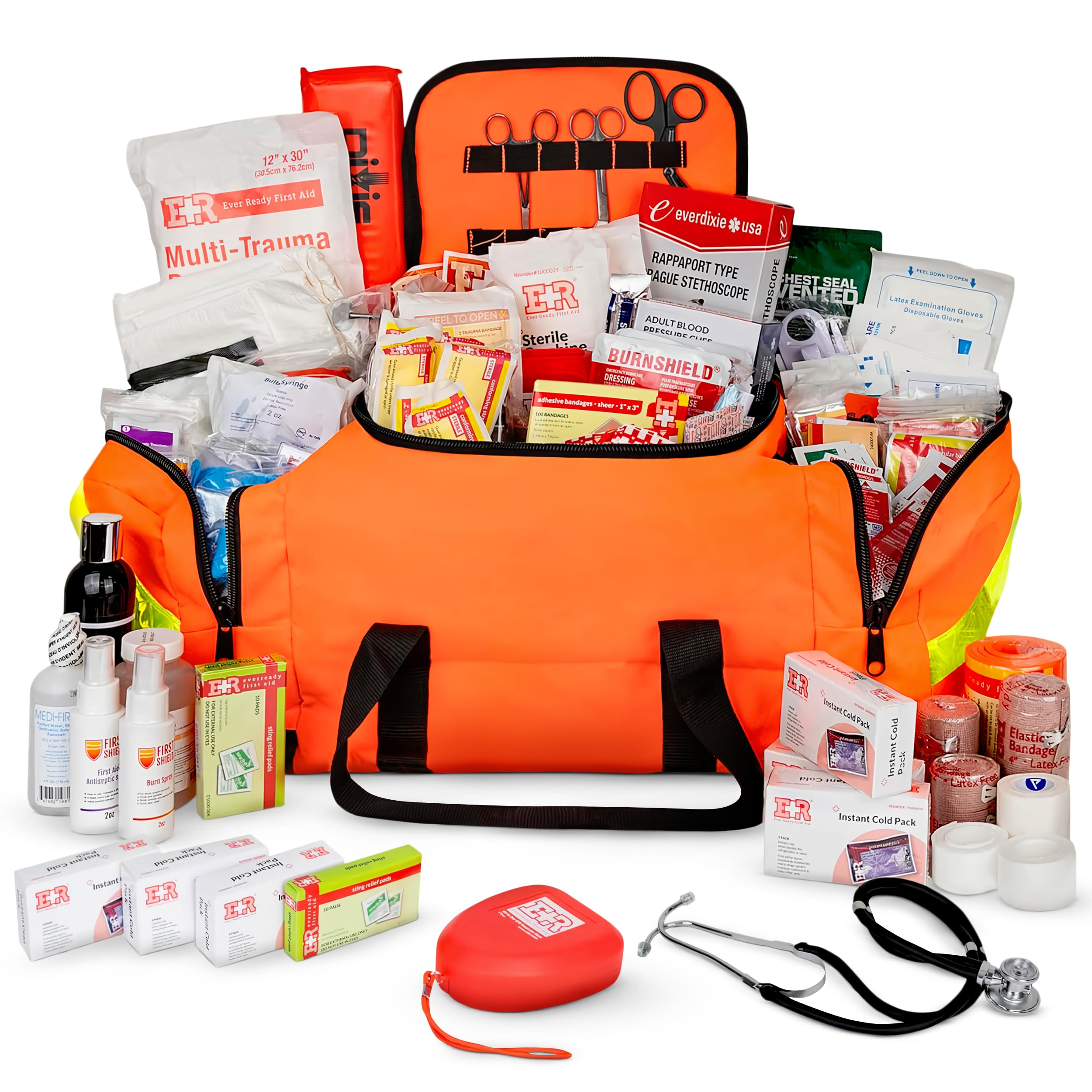 Ever Ready First Aid Large EMT Trauma Bag front view with high-visibility orange exterior for rapid on-site identification.