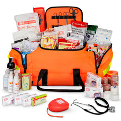 Ever Ready First Aid Large EMT Trauma Bag front view with high-visibility orange exterior for rapid on-site identification.