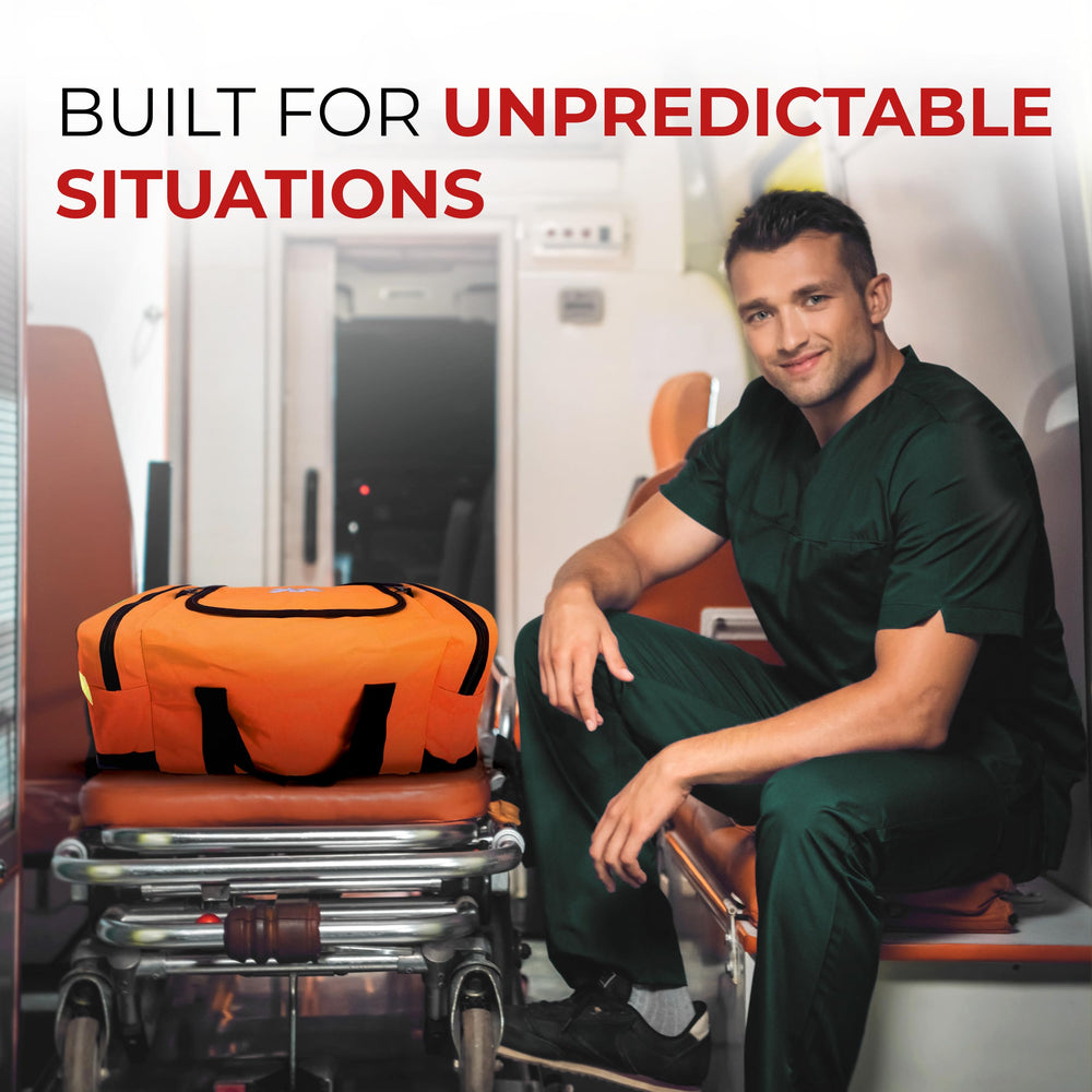 In-use Ever Ready First Aid Large EMT Trauma Bag, ready for field deployment.