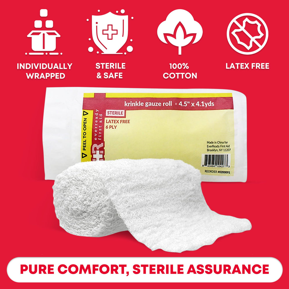Ever Ready First Aid Krinkle Kerlix bandage roll 6-ply thickness provides extra cushion.