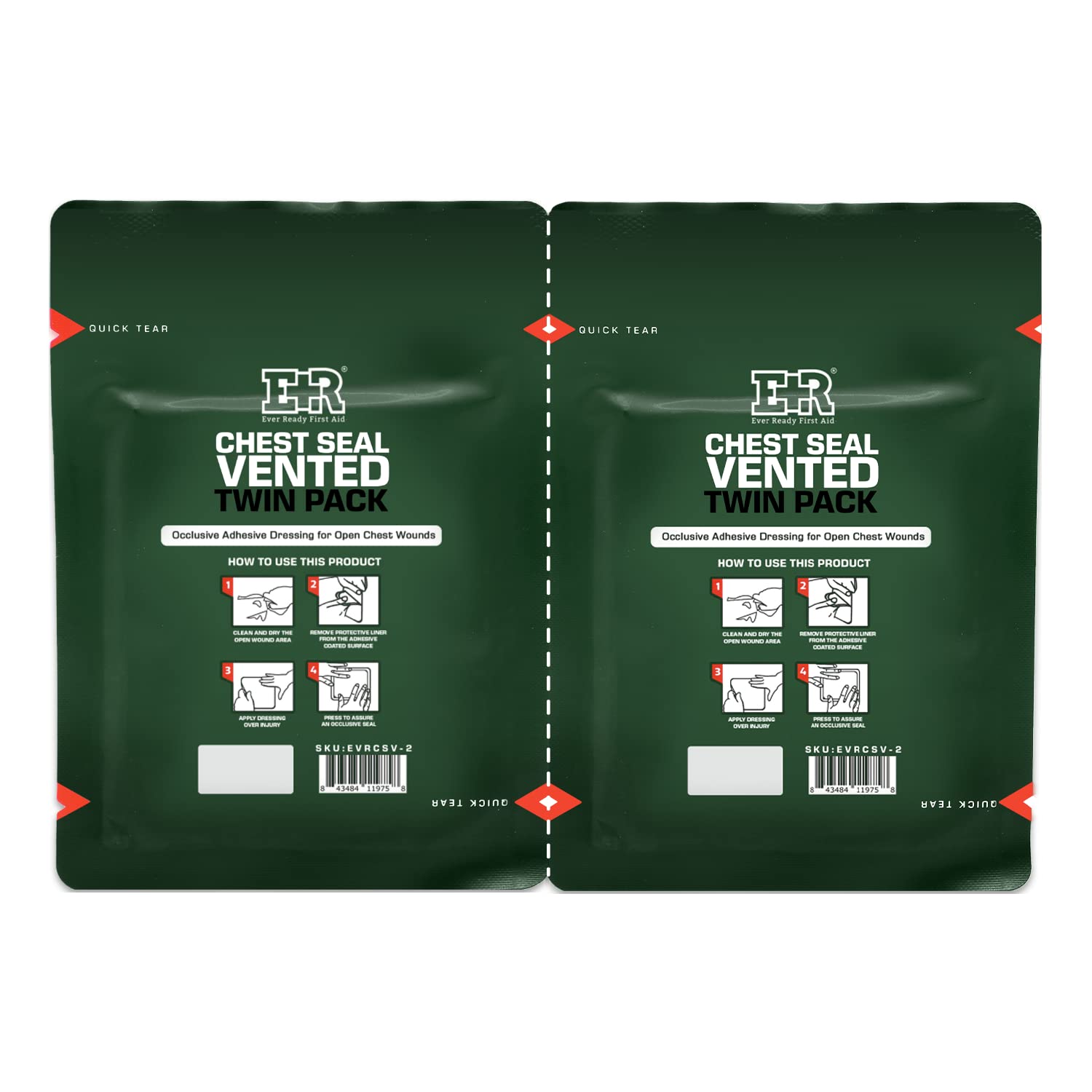 Twin pack vented chest seal with Quick Tear foil pouch for rapid access.