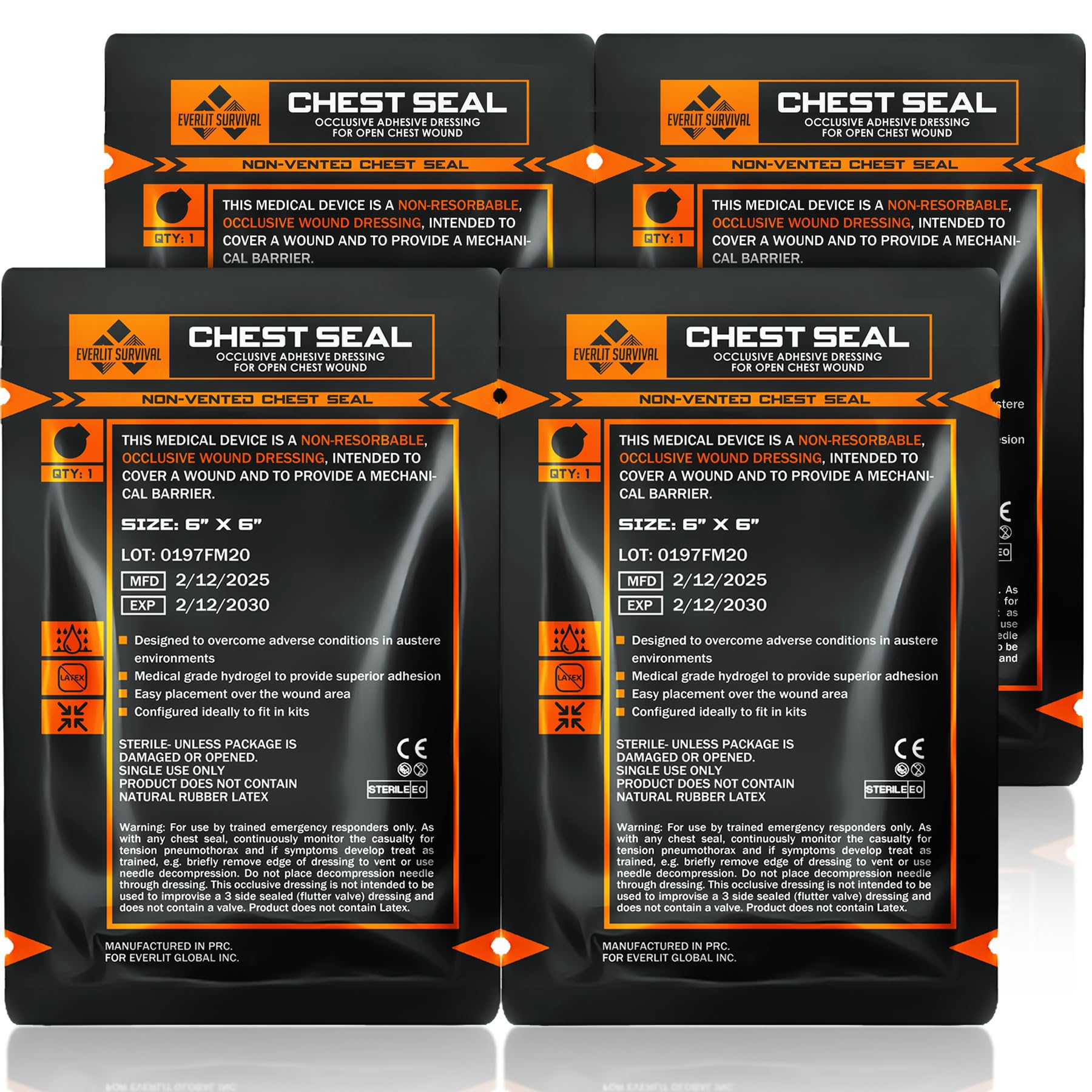 EVERLIT occlusive chest seal non-vented four-count for secure chest wound sealing.