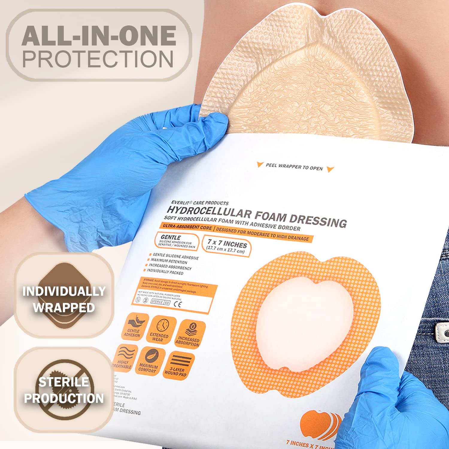 Everlit Sacrum Foam Dressing being applied around a wound for secure protection.