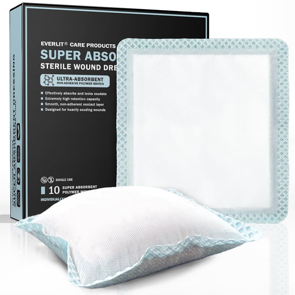 EVERLIT 6x6 super absorbent dressing in box, ready for immediate wound care.