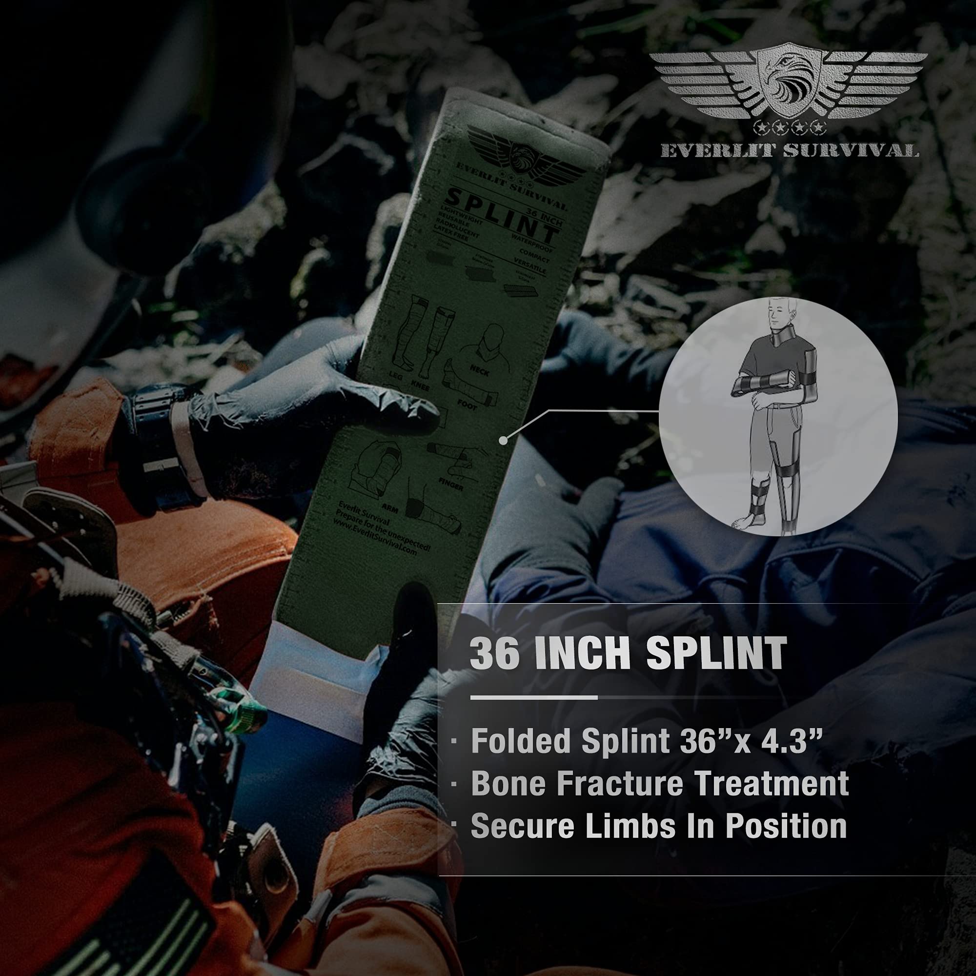 EVERLIT Survival tactical-field-care setup demonstrates limb immobilization in challenging field conditions.