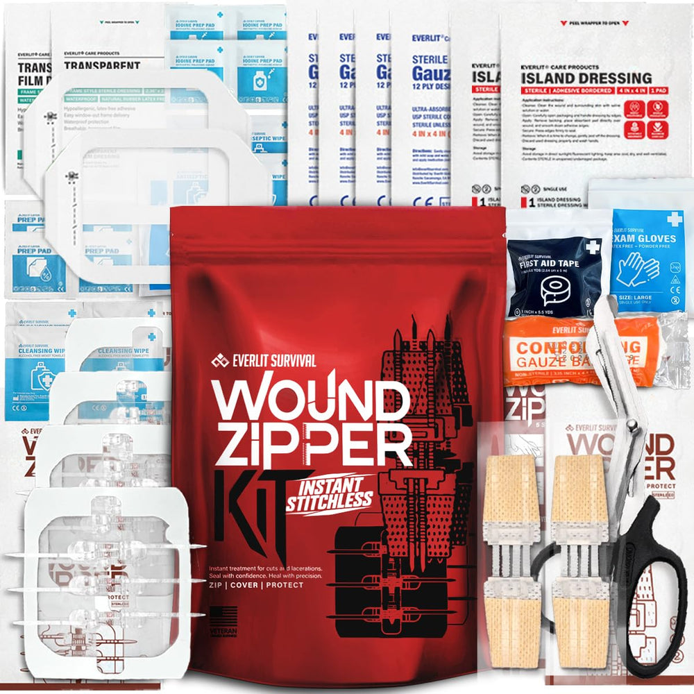 Everlit wound closure kit zip-stitch device demonstrates rapid, suture-free wound closure for emergencies.