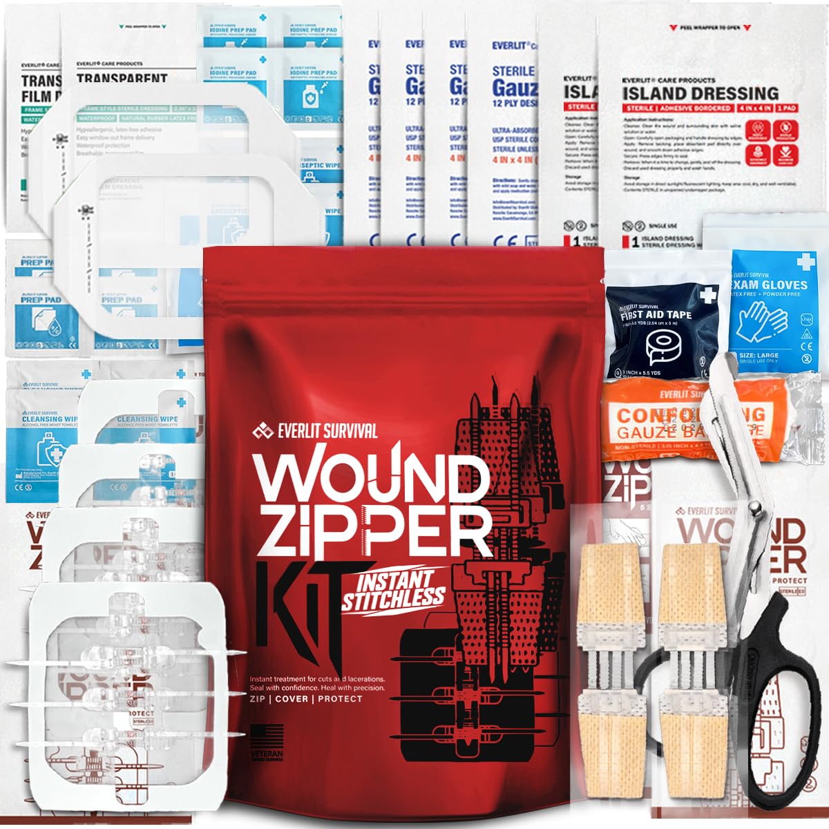 Everlit wound closure kit zip-stitch device demonstrates rapid, suture-free wound closure for emergencies.