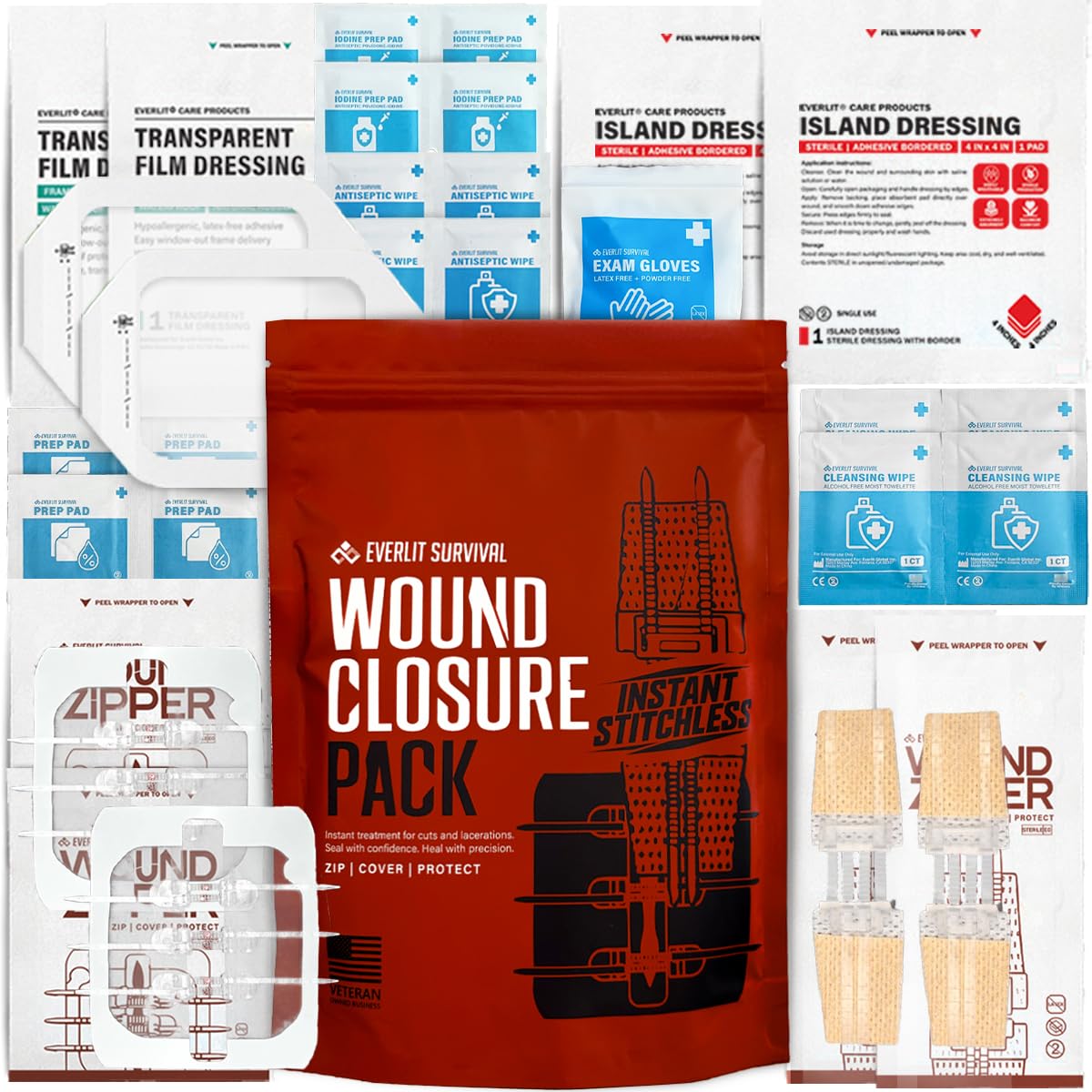 EVERLIT Wound Closure Pack zip-stitch closure offers fast, stitch-free wound management for minor injuries.