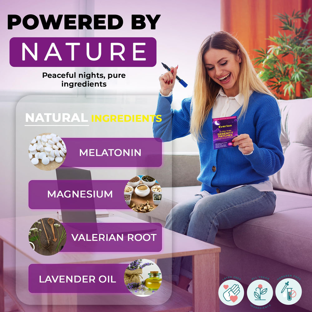 Everlom Sleep Patches ingredients lavender, GABA, valerian for nocturnal comfort.