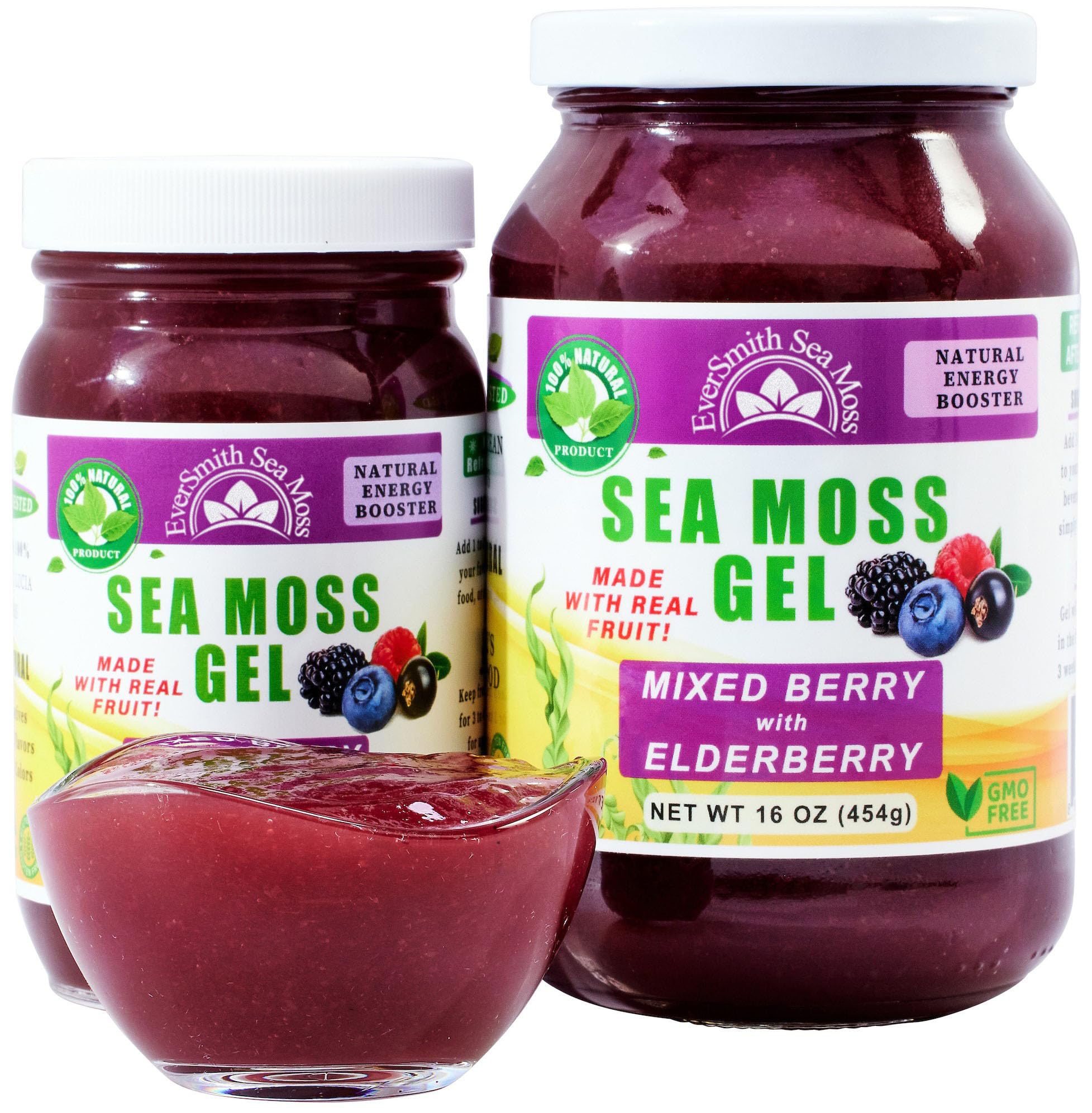 EverSmith Organics sea moss gel berry bottle highlighting mixed berry flavor for daily nutrition
