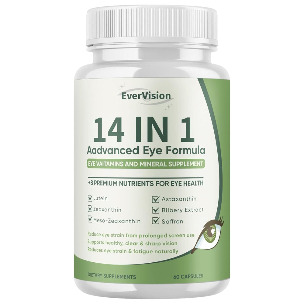 EVERVISION 14-in-1 eye formula capsules bottle close-up for daily eye nourishment.