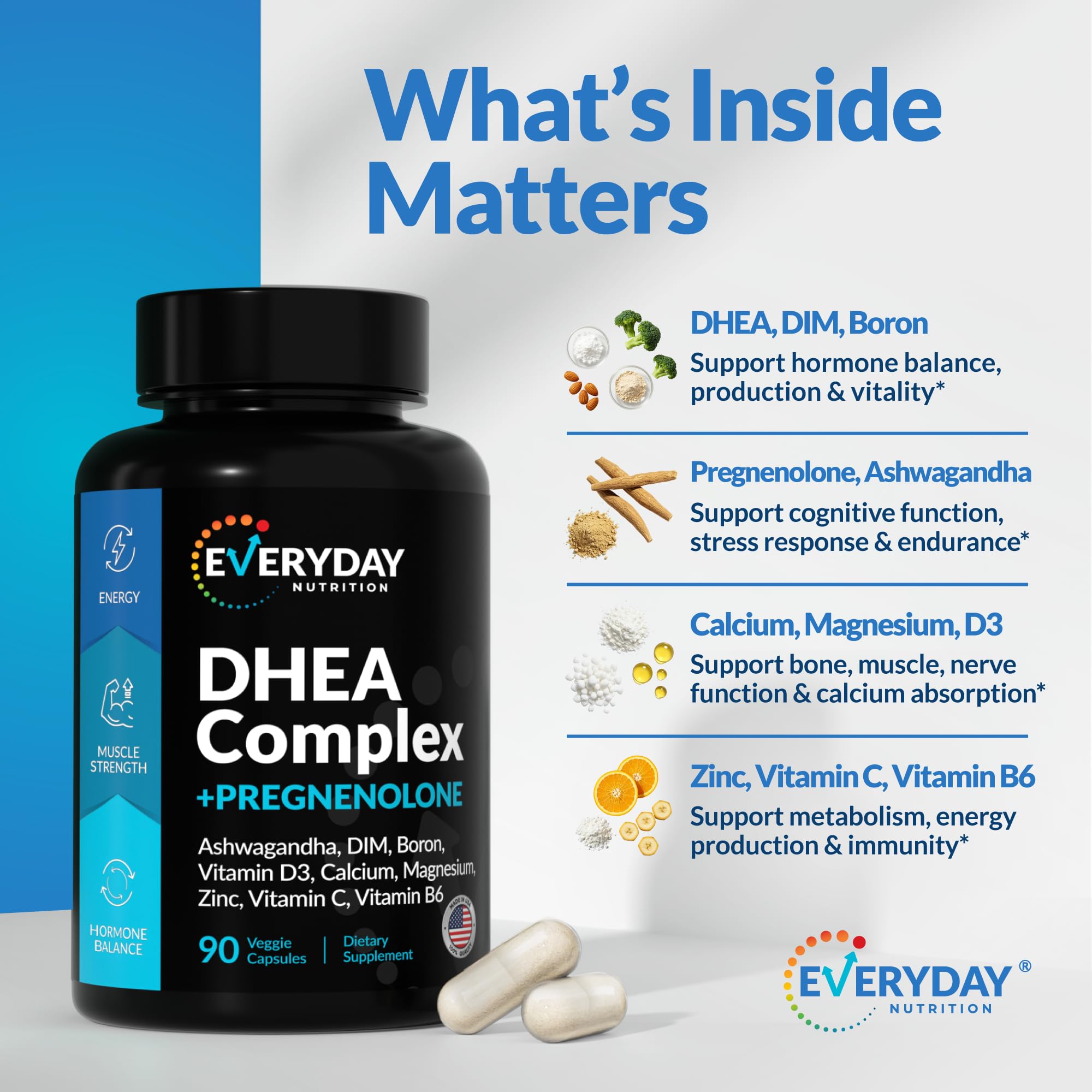 Everyday Nutrition DHEA Ashwagandha blend bottle for stress support.