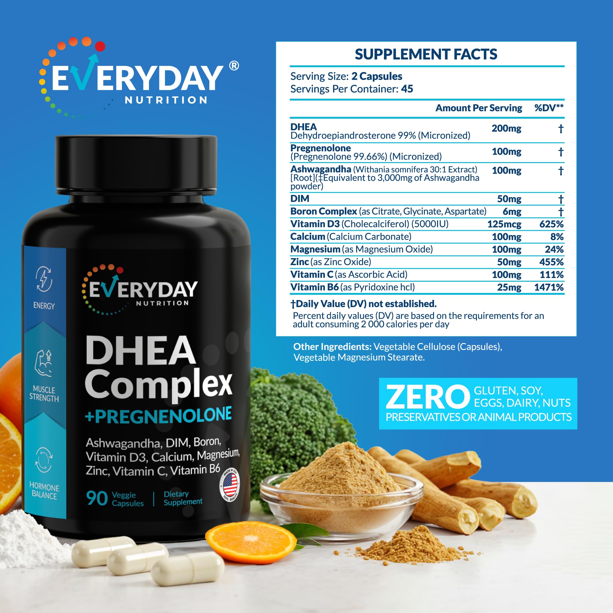 Everyday Nutrition DHEA DIM panel highlights mineral and vitamin blend.