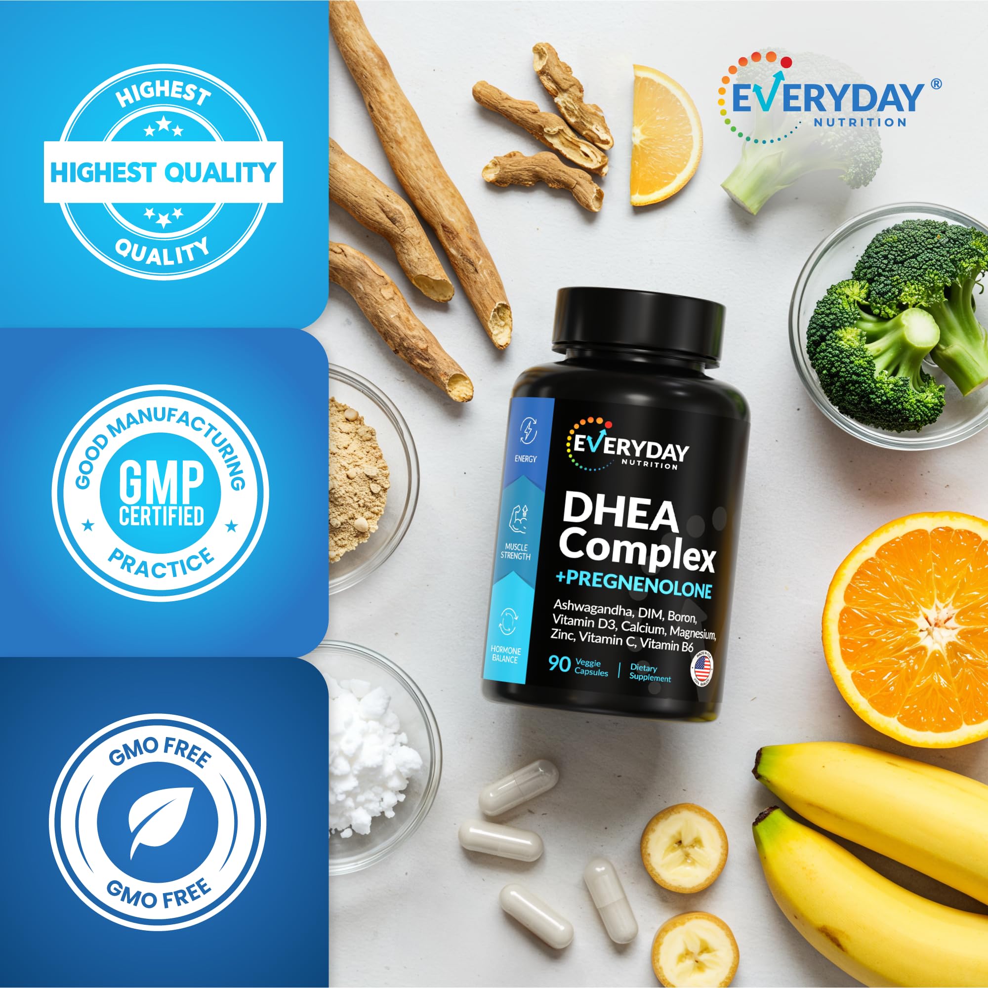 Everyday Nutrition DHEA Made in USA sticker indicating quality.