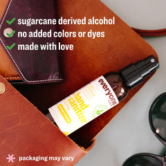 Everyone hand sanitizer spray uses sugarcane alcohol in a 25% recycled plastic bottle.