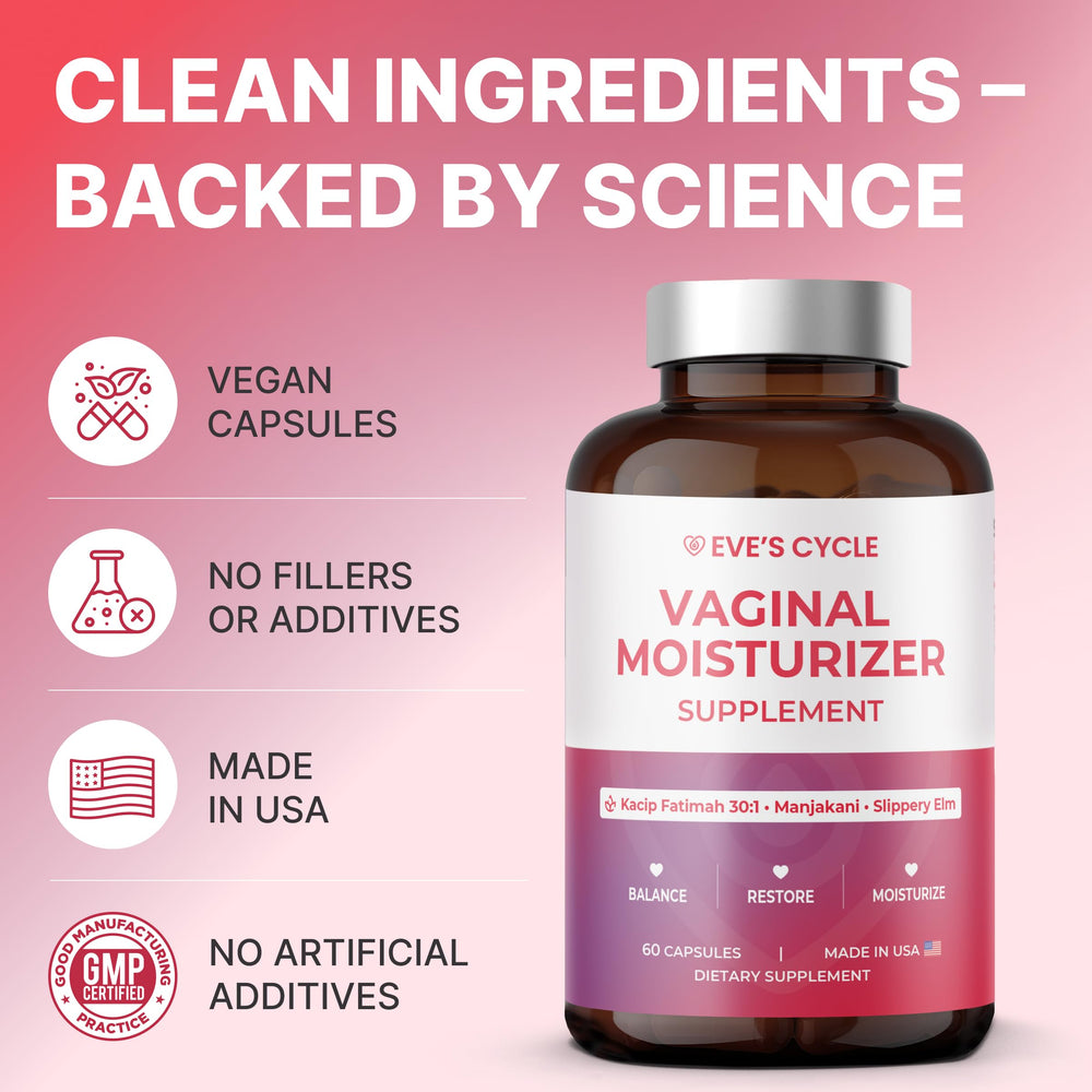 Zoom on Eve's Cycle label highlighting vegan, USA-made quality.