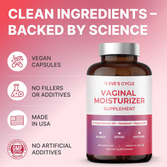 Zoom on Eve's Cycle label highlighting vegan, USA-made quality.