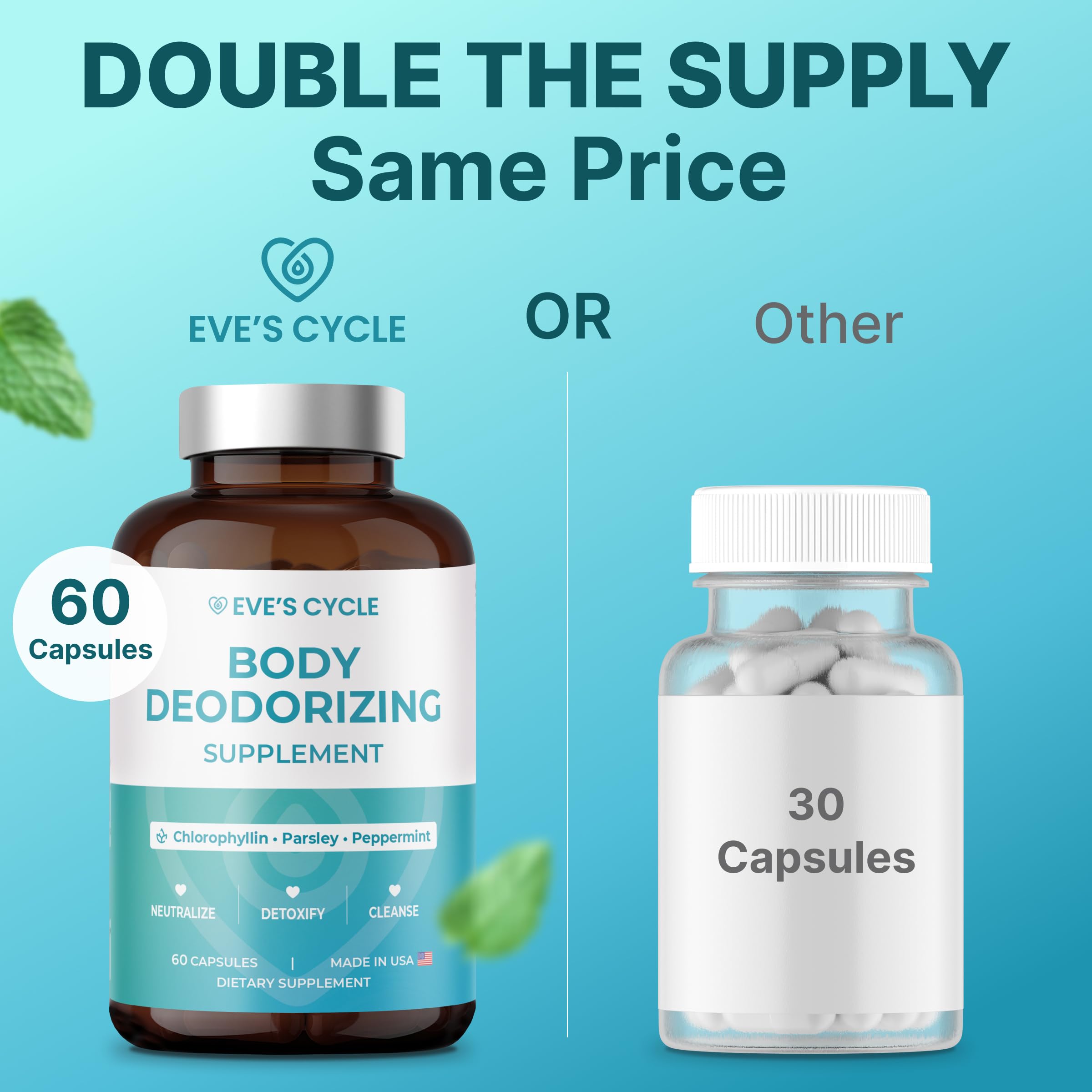 Vegan capsules from Eve's Cycle signaling plant-based, odor management support.