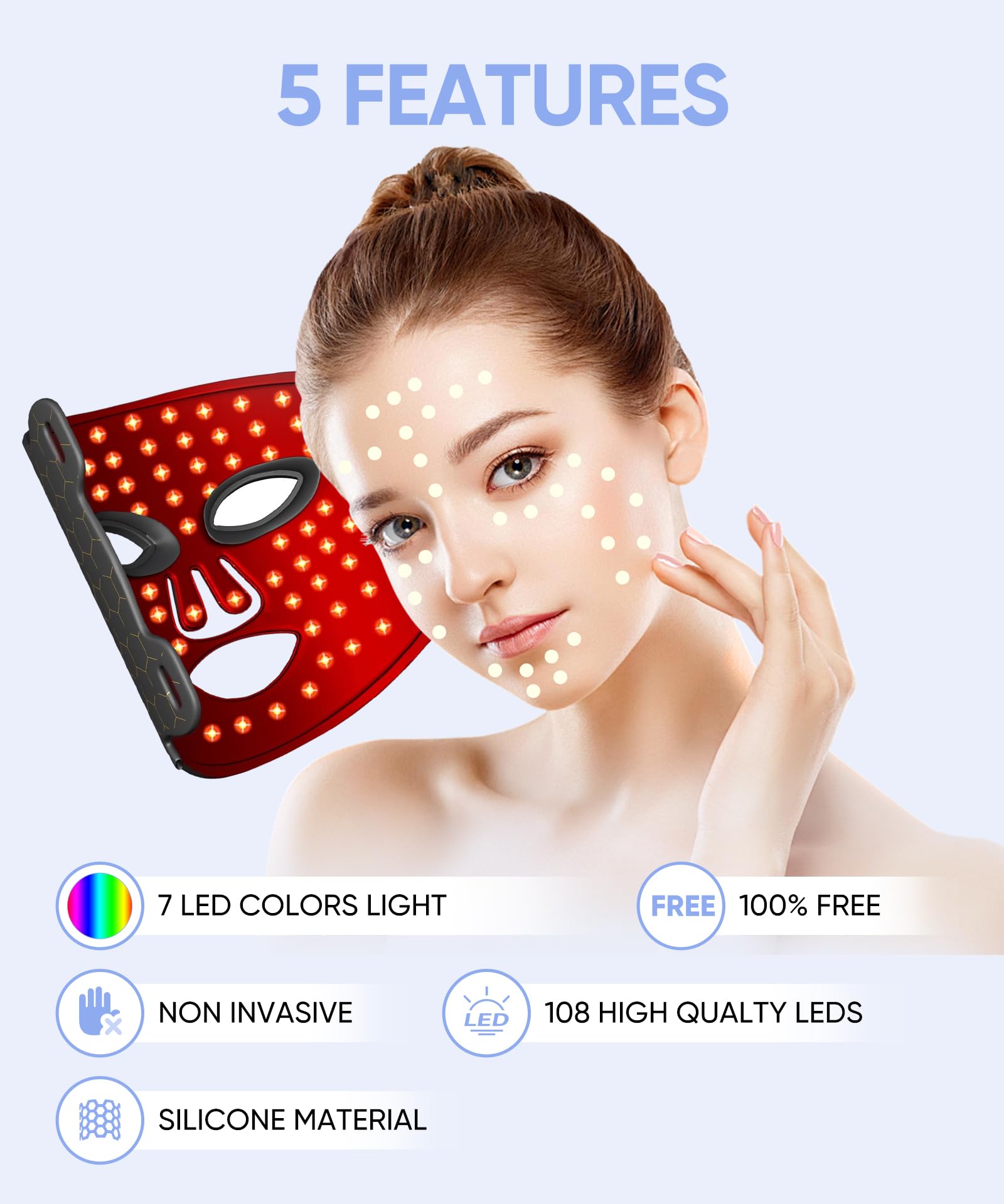 EVFOFO LED Face Mask seven-color panel offers varied light options for experimentation.