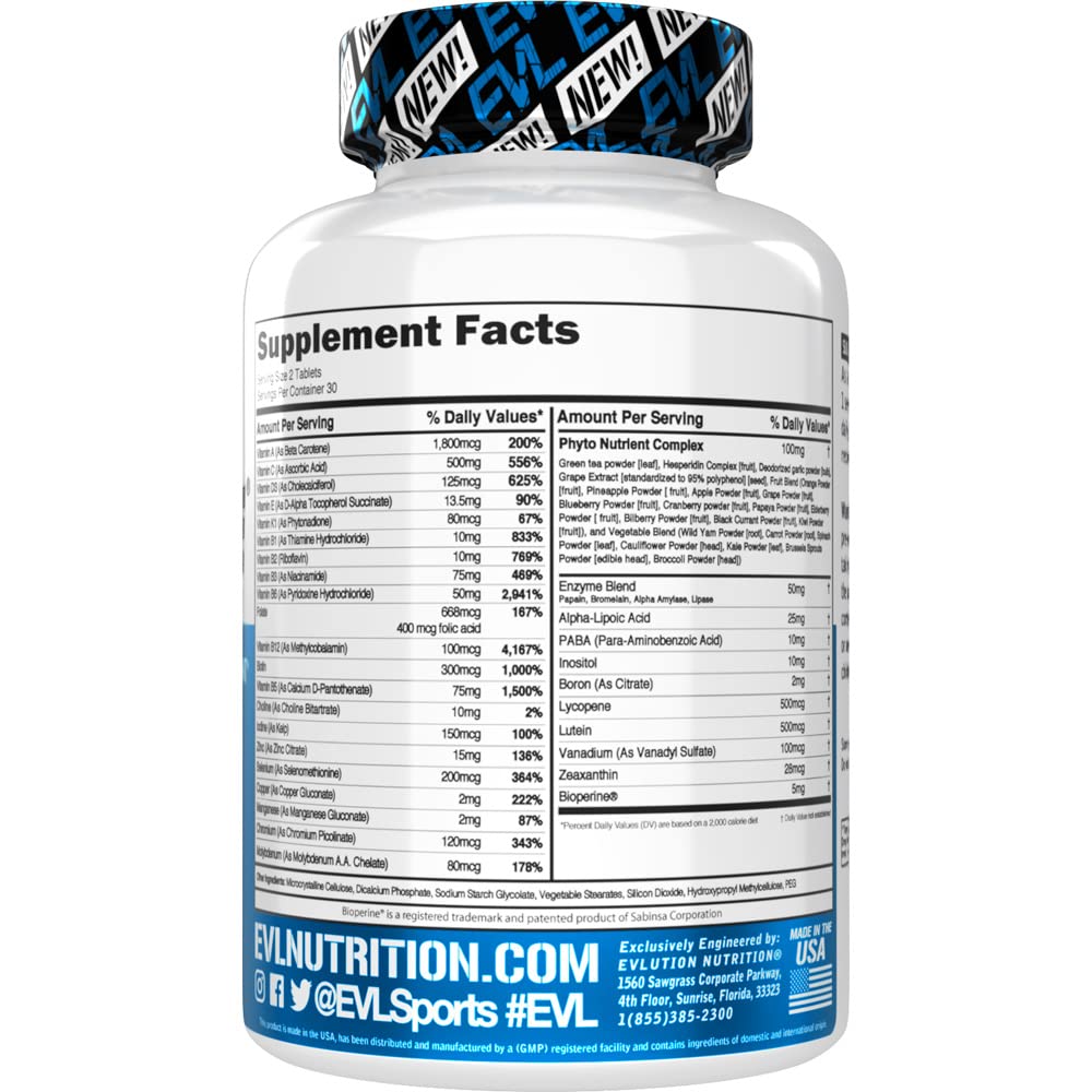EVL Advanced Daily Multivitamin for Men label emphasizes vegetarian and gluten-free formulation.