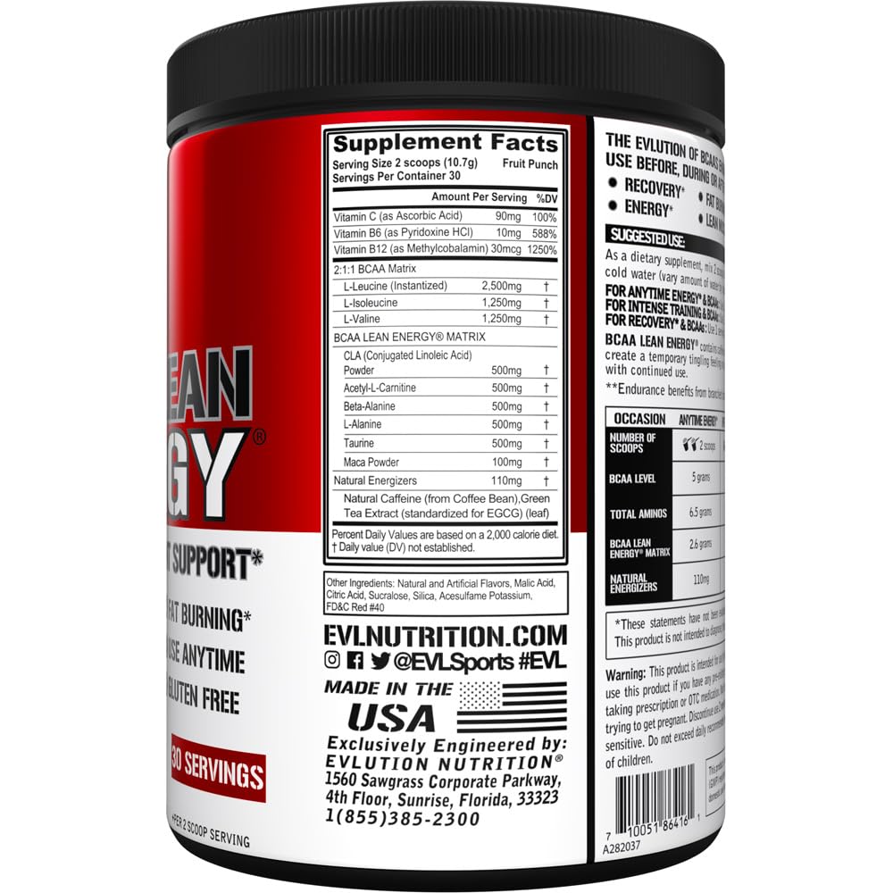 Scoop of EVL BCAA Lean Energy Powder Fruit Punch next to a shaker for pre-workout energy blend